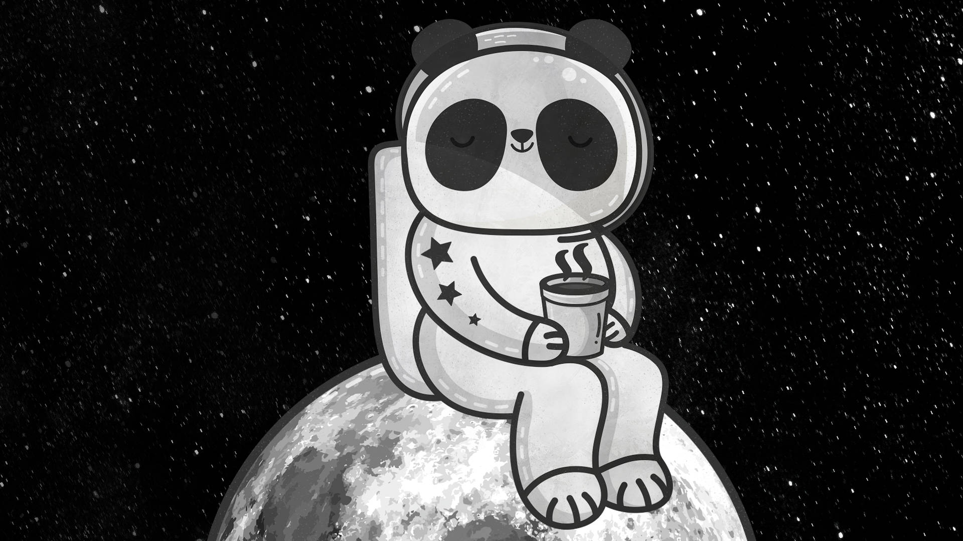  壁紙 — 一隻可愛的熊貓太空人平靜地坐在月球上，手持一杯冒著熱氣的咖啡，背景是滿天星斗的夜空。