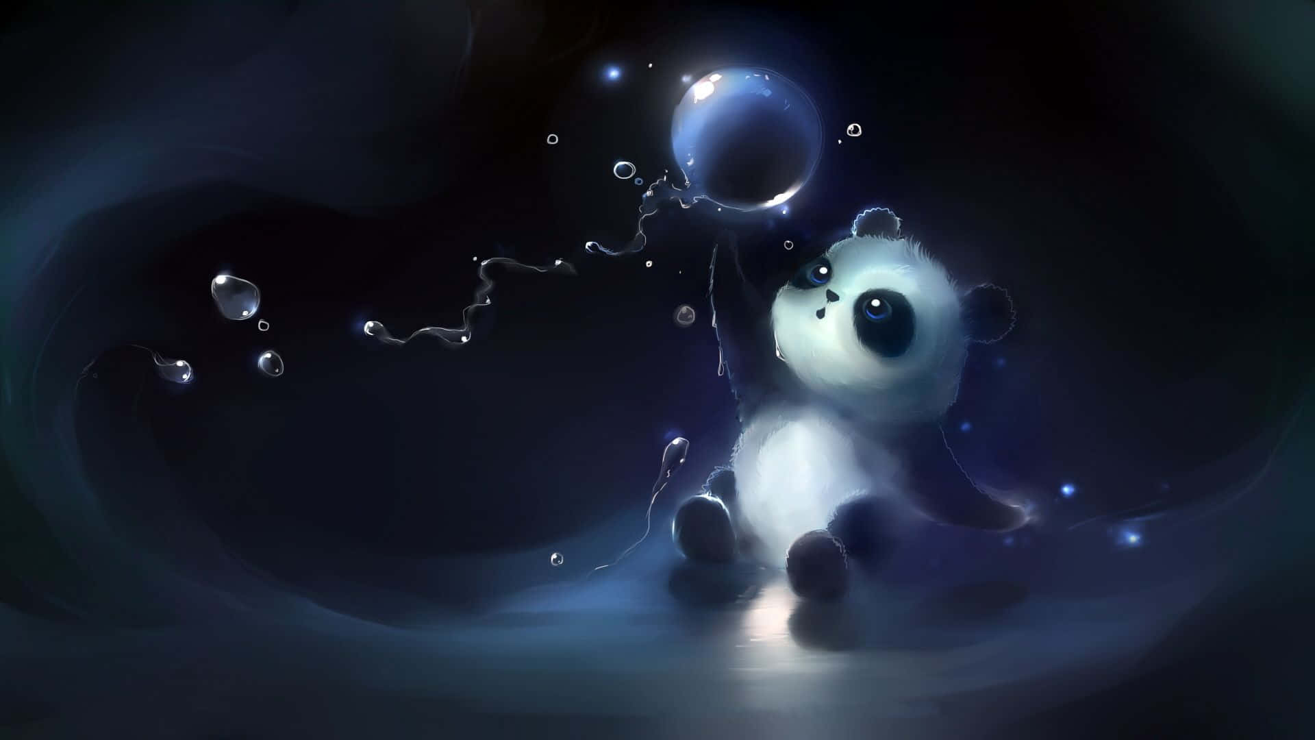 熊貓 桌布 壁紙 — 一隻可愛的熊貓寶寶在黑暗宇宙虛空中漂浮，手持一個被浮動水滴包圍的發光氣泡。