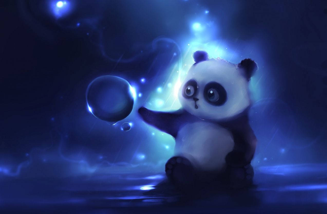 可愛平板 桌布 壁紙 — 一隻可愛的熊貓寶寶坐在發光的藍色虛空中，用充滿好奇的大眼睛輕輕觸摸閃爍的泡泡。