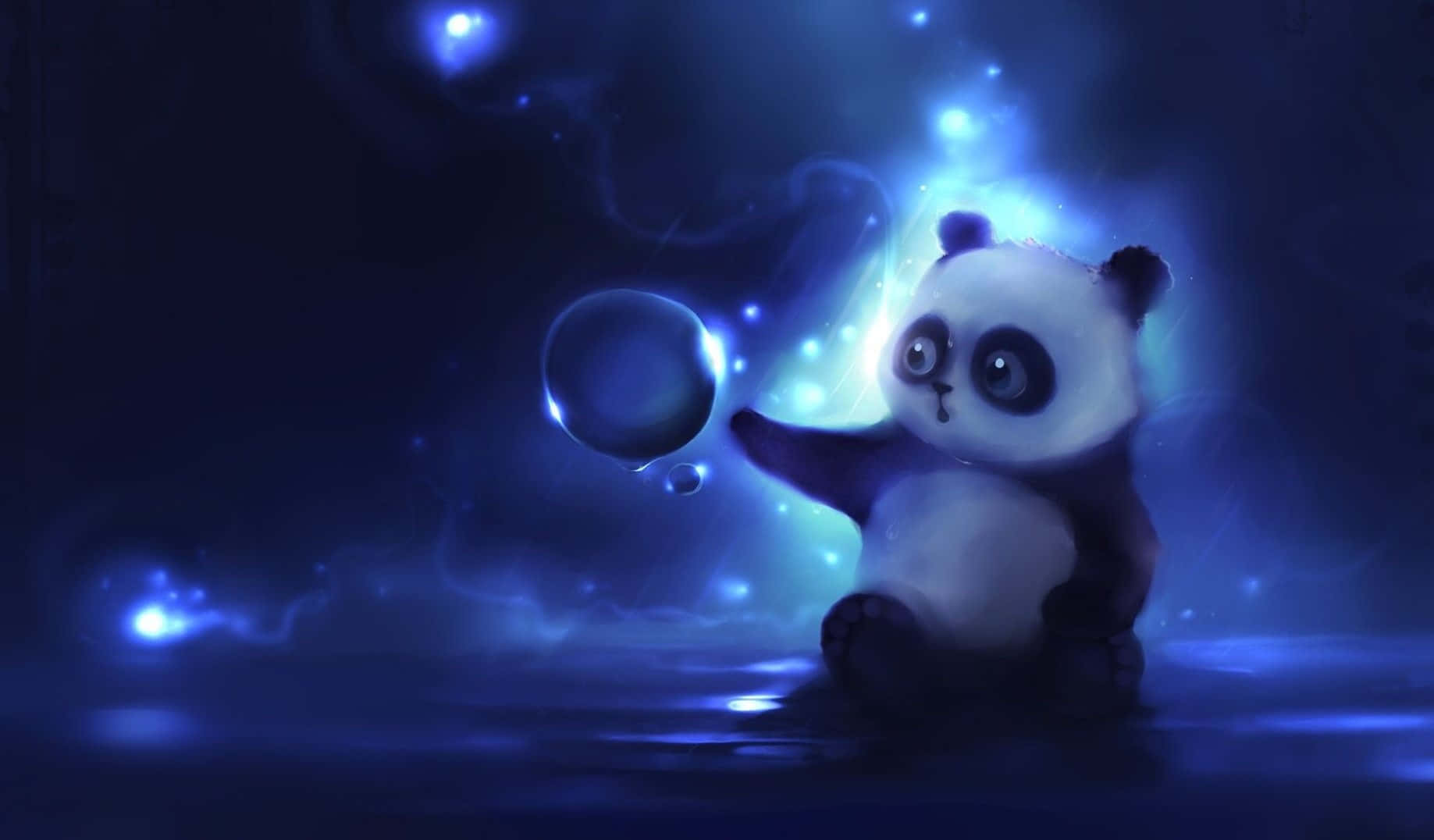 熊貓 桌布 壁紙 — 一隻可愛的熊貓寶寶坐在發光的藍色虛空中，輕輕觸摸一個被漂浮燈光包圍的閃爍氣泡。