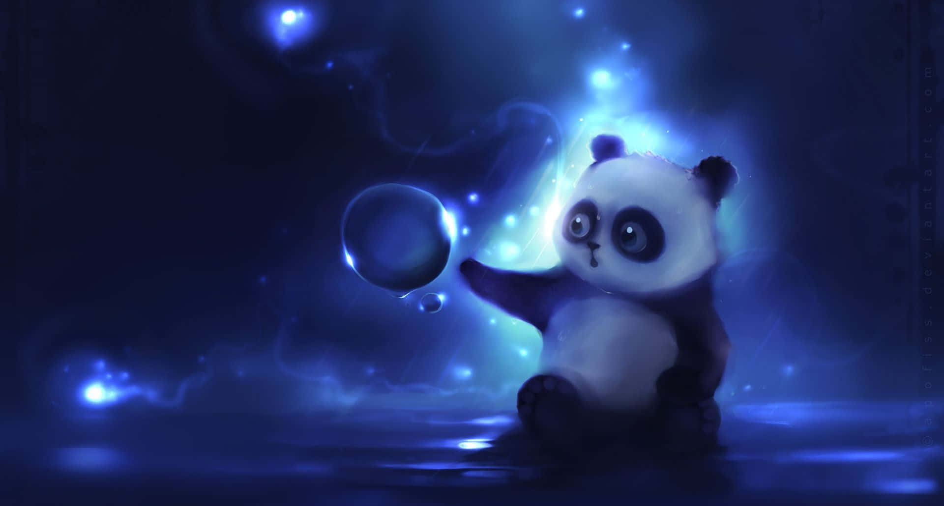 1920X1080 桌布 壁紙 — 一隻可愛的熊貓寶寶坐在發光的藍色水中，輕輕觸摸一個被漂浮燈光包圍的閃爍泡泡。