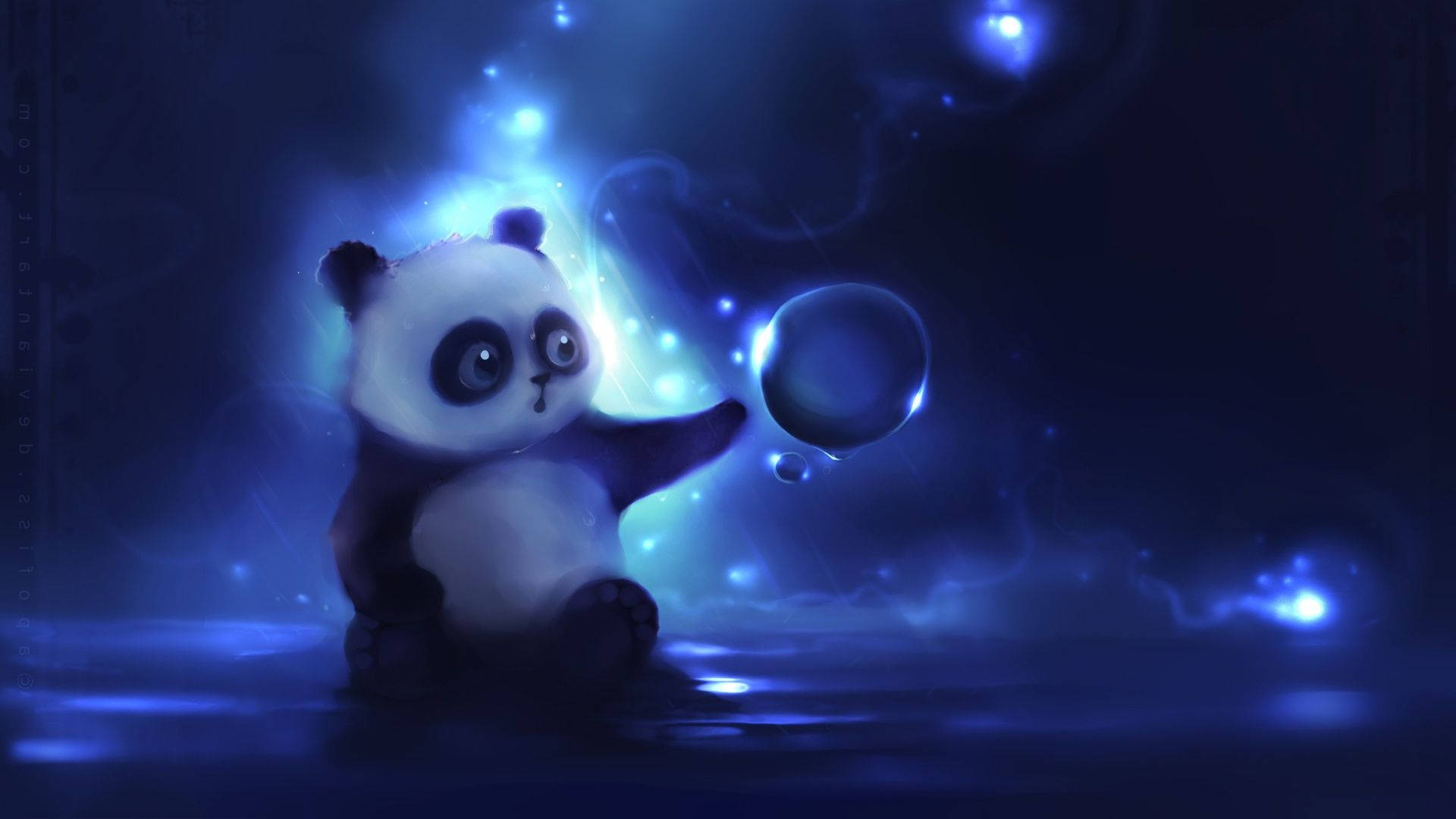 Cute Panda 桌布 壁紙 — 一隻可愛的熊貓寶寶坐在發光的藍色水中，伸手去觸摸被漂浮燈光環繞的閃爍泡泡。