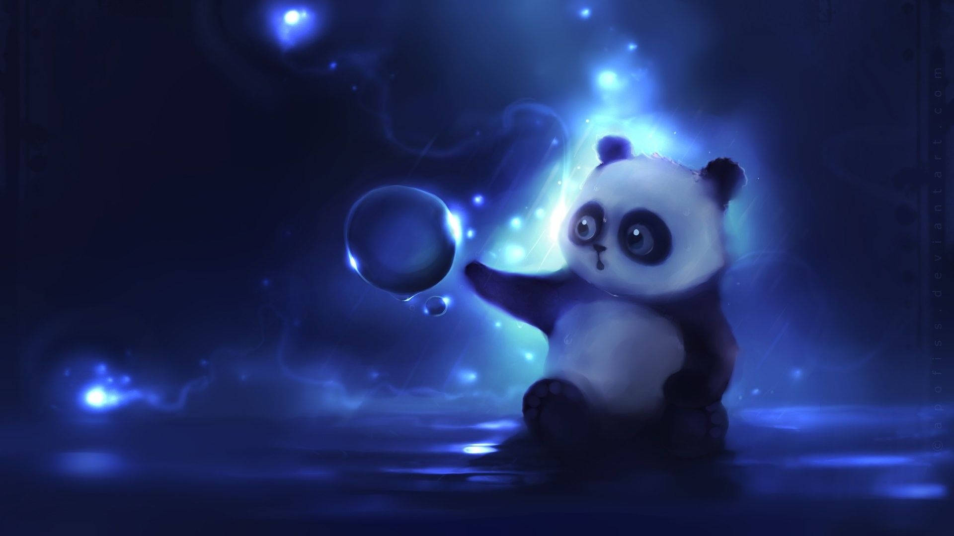 Cute Panda 桌布 壁紙 — 一隻可愛的熊貓寶寶坐在發光的藍色水中，伸手去觸摸一個被漂浮燈光包圍的閃爍泡泡。