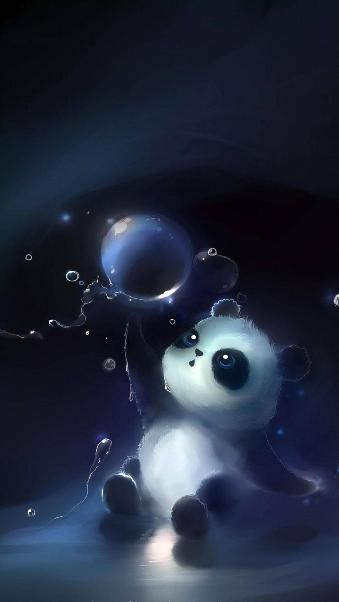 熊貓 桌布 壁紙 — 一隻可愛的熊貓寶寶坐在黑暗的水中，拿著一個發光的泡泡，周圍有閃閃發光的水滴漂浮。