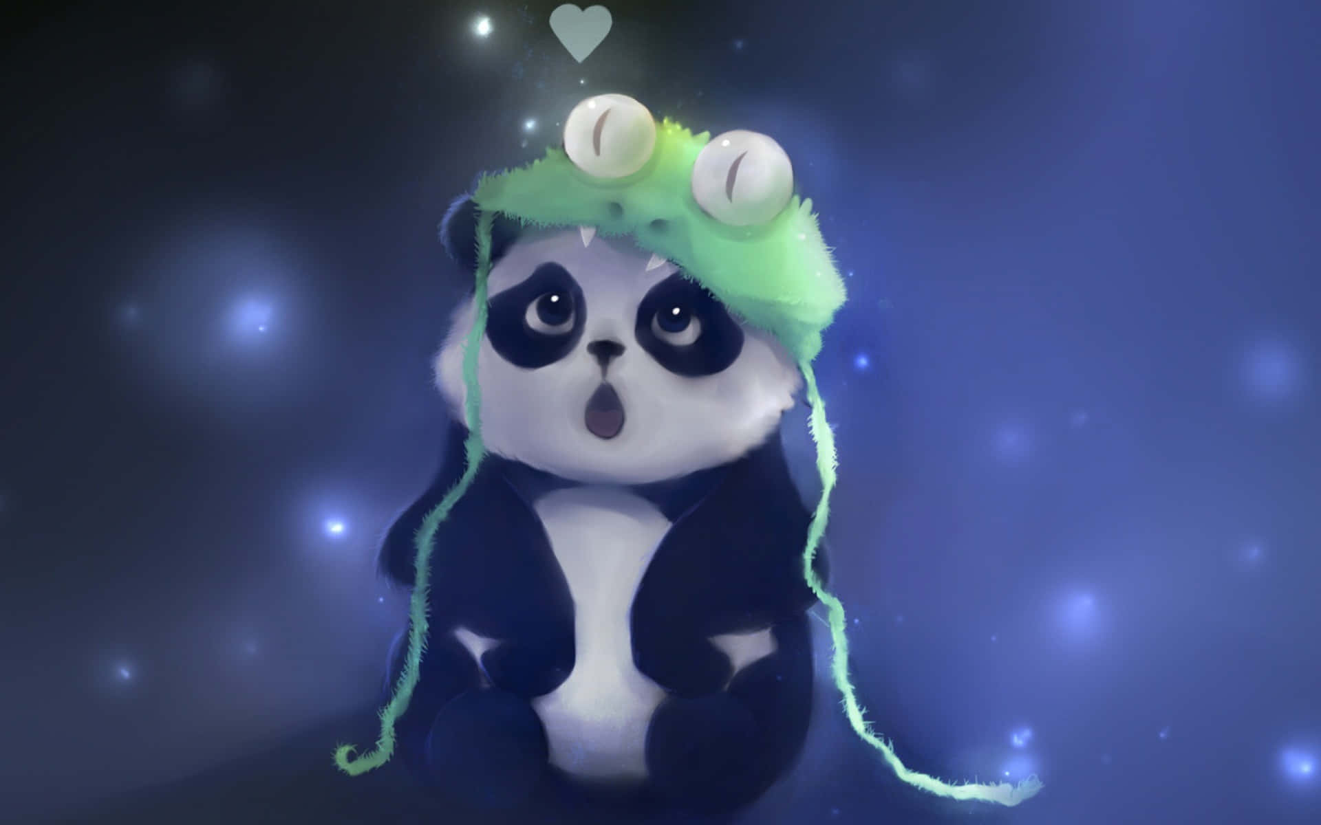 桌布 壁紙 — 一隻可愛的熊貓戴著綠色青蛙帽，大眼睛在星空藍色背景前顯得很驚訝。