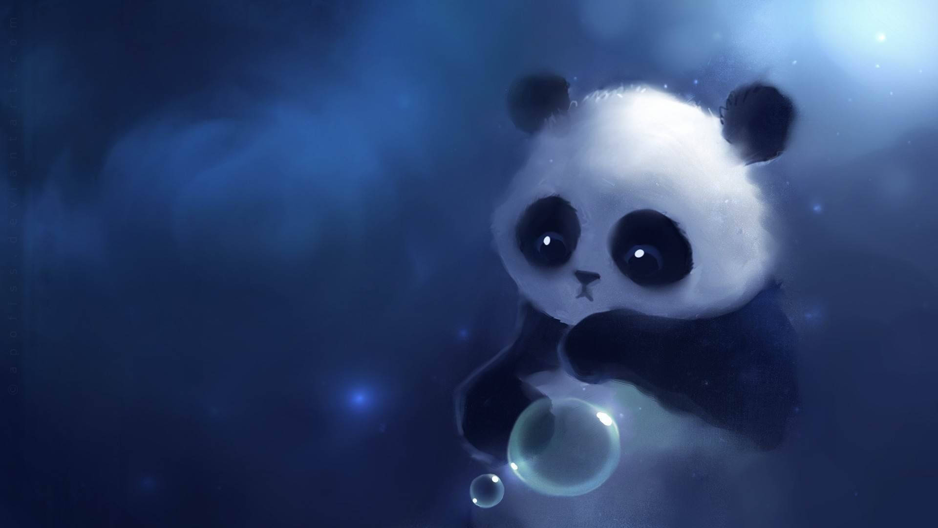 熊貓 桌布 壁紙 — 一隻可愛的熊貓漂浮在夢幻般的藍色星雲中，手持發光泡泡，周圍有柔和星光。
