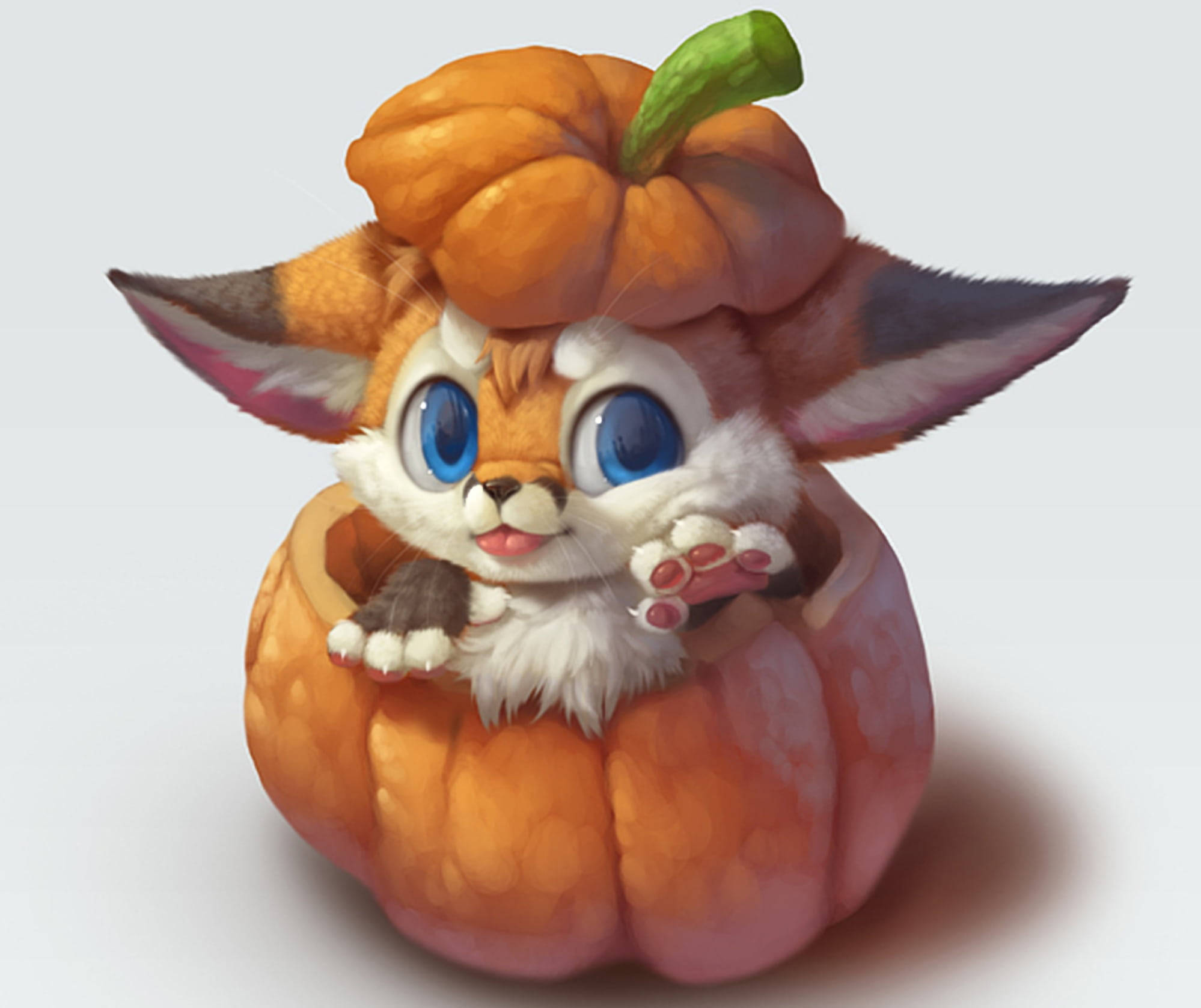 Baby Fox 桌布 壁紙 — 一隻可愛的狐狸狀生物，藍色眼睛，戴著南瓜帽，從南瓜裡面探出頭來。