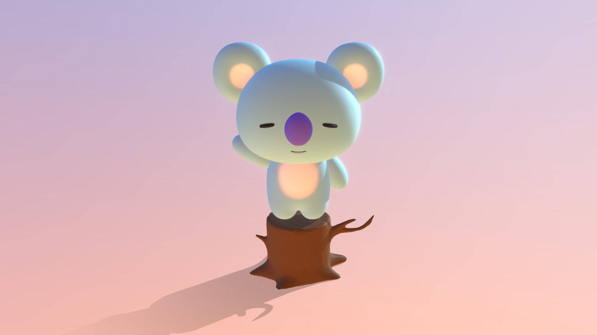 Koya 桌布 壁紙 — 一隻可愛的發光無尾熊平靜地站在樹樁上，背景是柔和的粉彩漸變天空。
