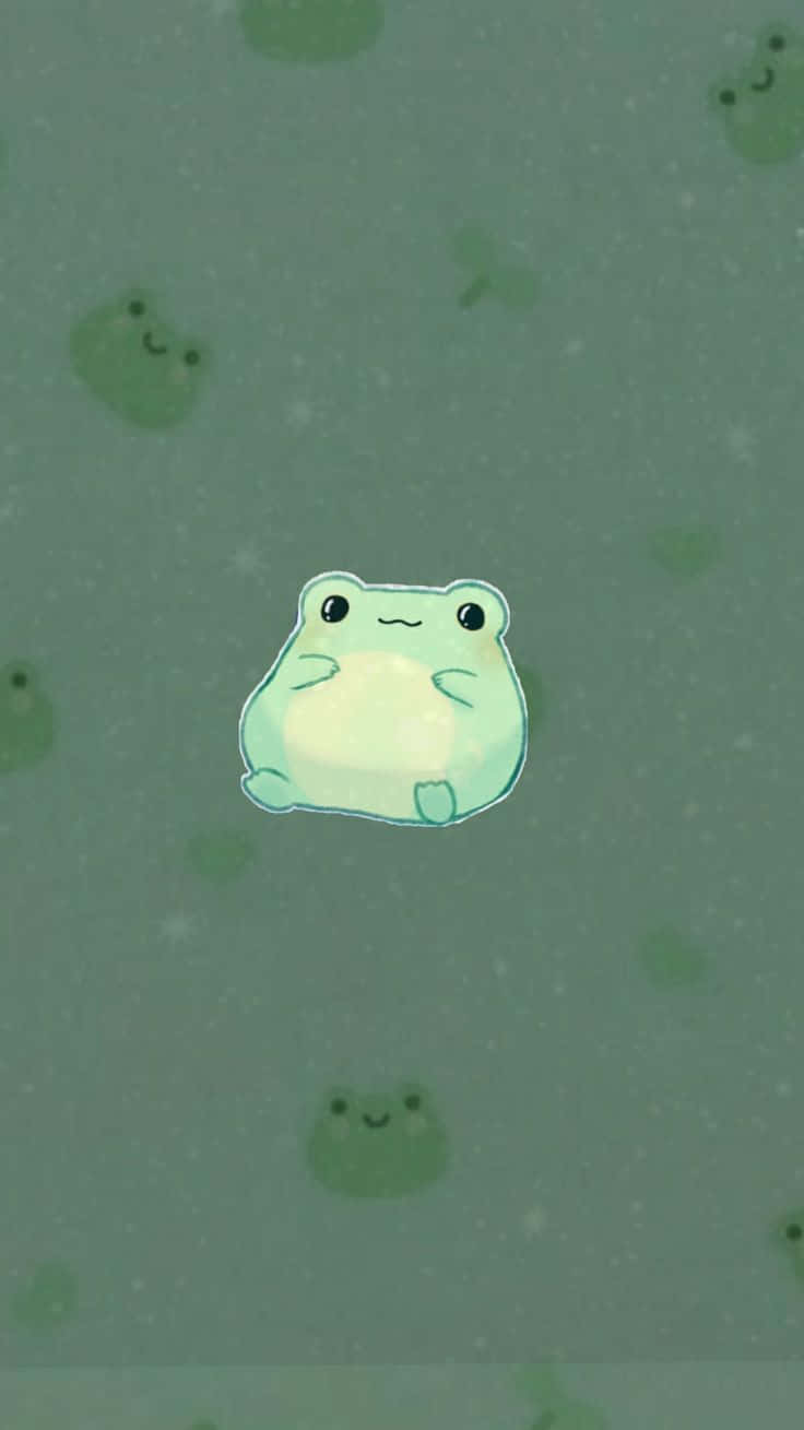 Frog 桌布 壁紙 — 一隻可愛的發光綠色青蛙，帶著快樂的表情，漂浮在柔和的青綠色背景上，點綴著較小的青蛙和閃光。