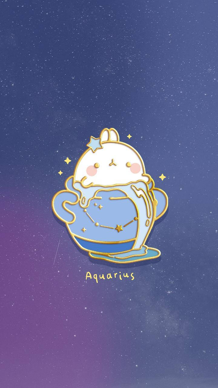 aquarius 桌布 壁紙 — 一隻可愛的白兔，帶有金色輪廓，在繁星點點的紫色夜空下拿著一個藍色水壺。