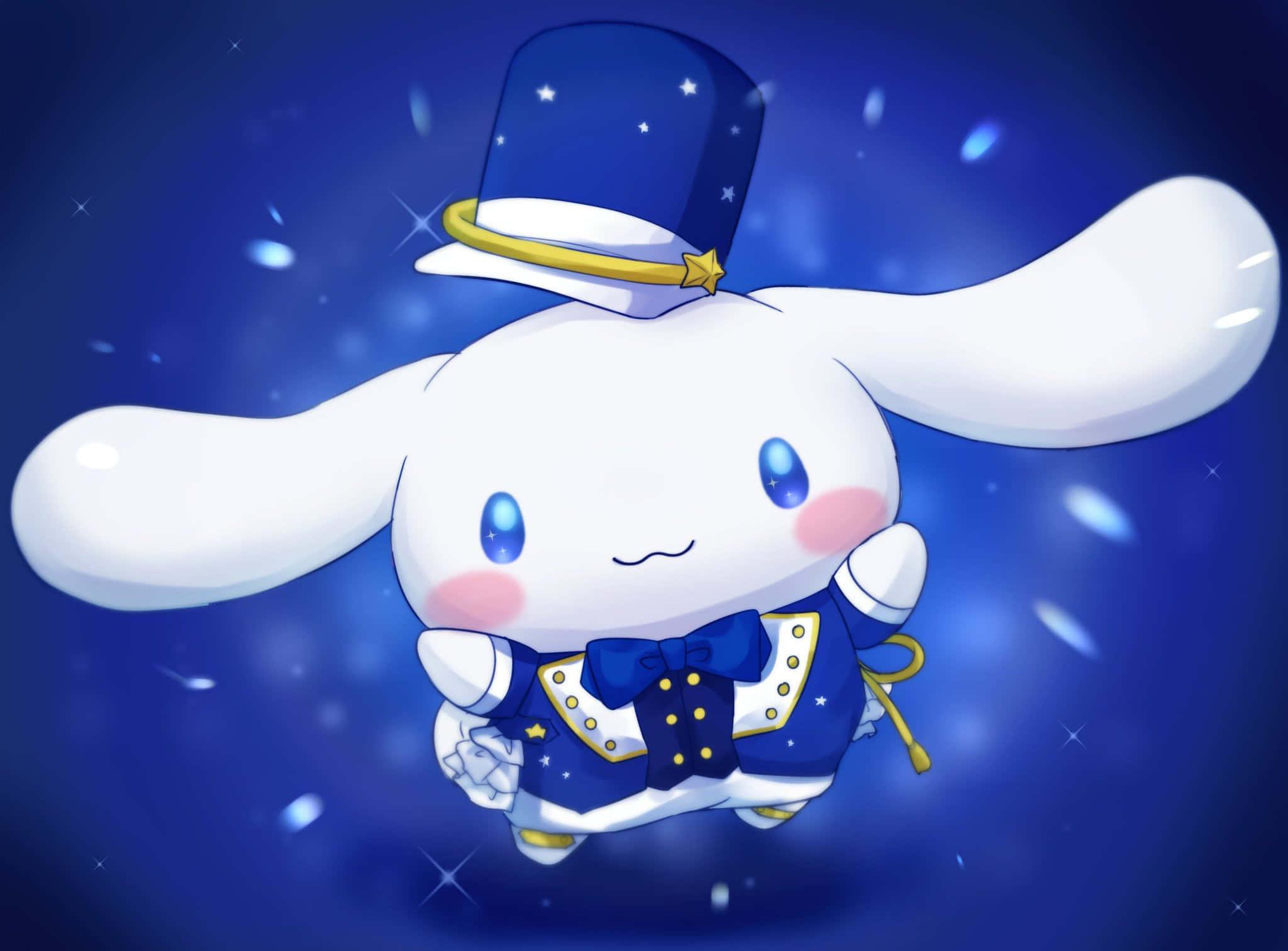 Cinnamoroll Laptop 桌布 壁紙 — 一隻可愛的白兔，戴著藍色星形高帽和穿著燕尾服，在閃爍的宇宙藍色背景上快樂地漂浮。