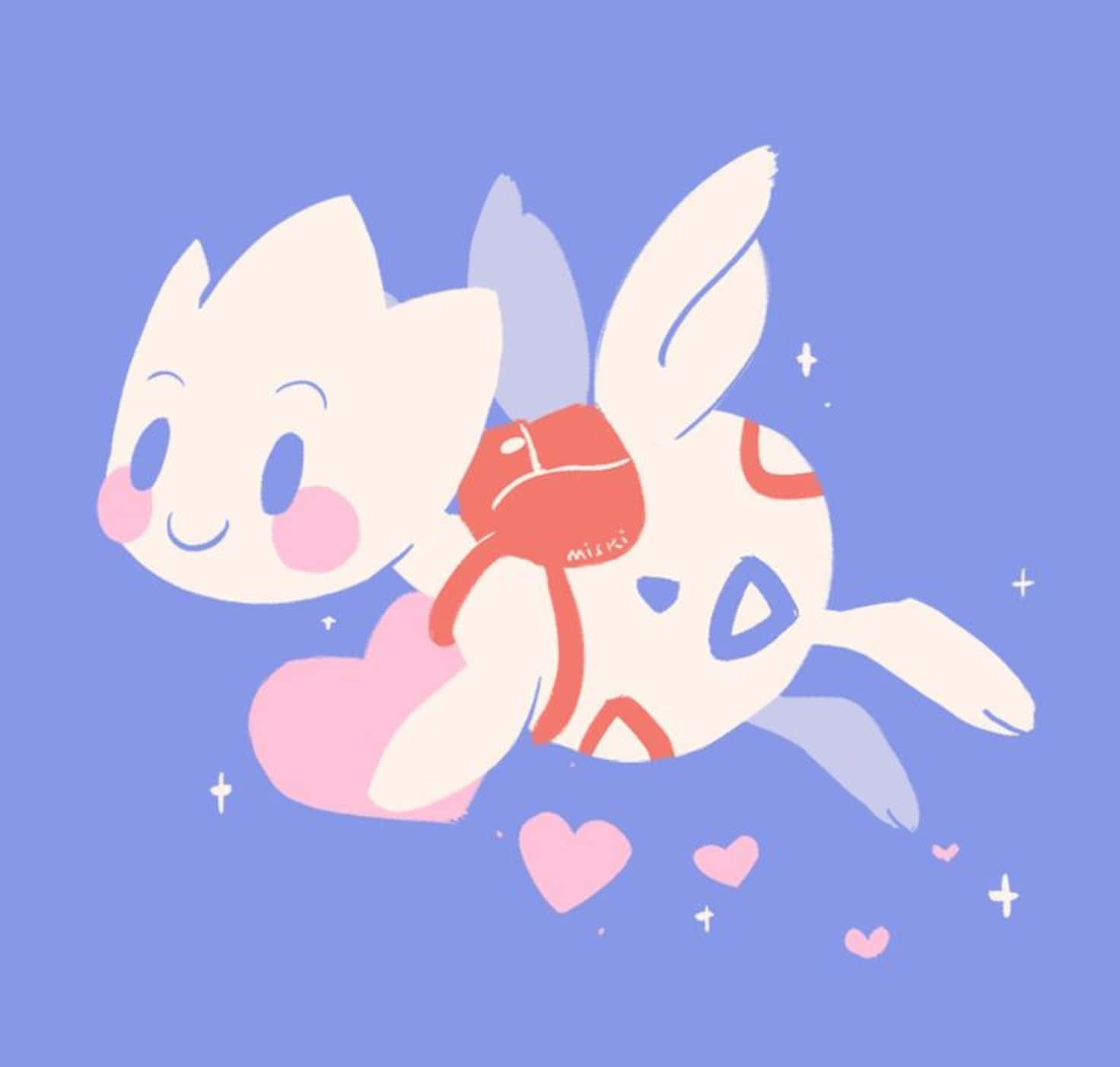Pokemon Aesthetic 桌布 壁紙 — 一隻可愛的白兔，有藍色翅膀和紅色圍巾，在柔和的藍色背景上快樂地漂浮，周圍環繞著粉紅色的心形和閃光。