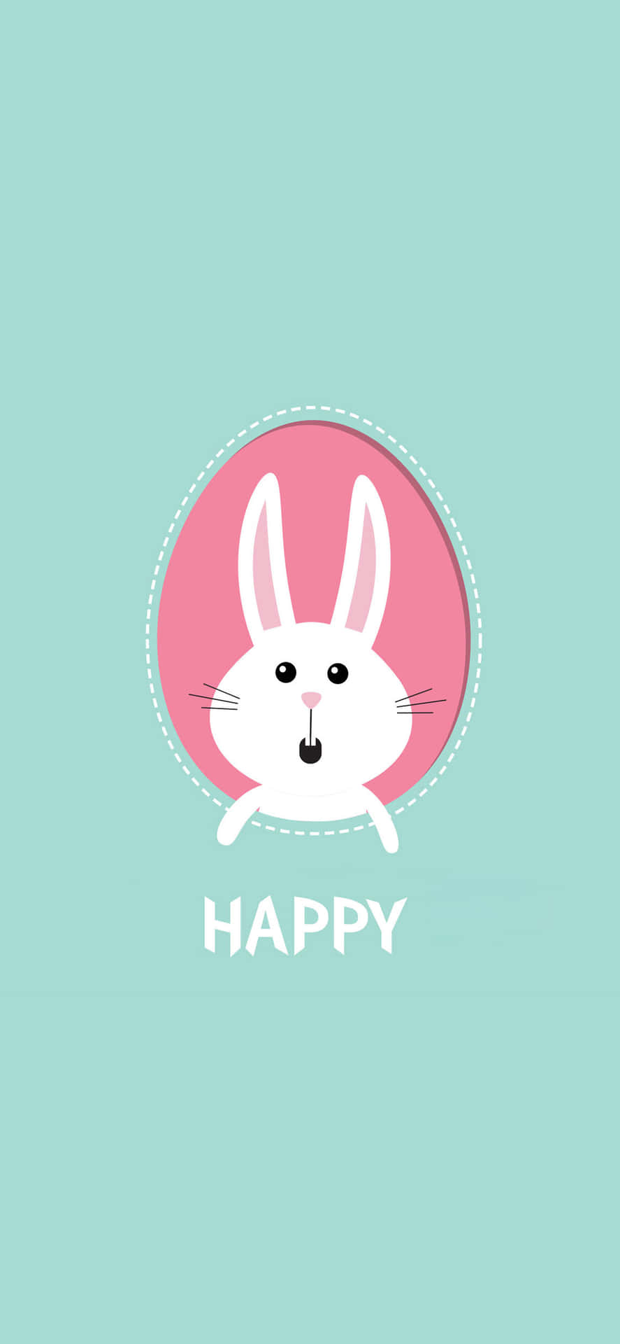 Kawaii Bunny 桌布 壁紙 — 一隻可愛的白兔，粉紅色的內耳，從粉紅色的蛋中探出頭來，背景是薄荷綠色，下方有happy字樣。