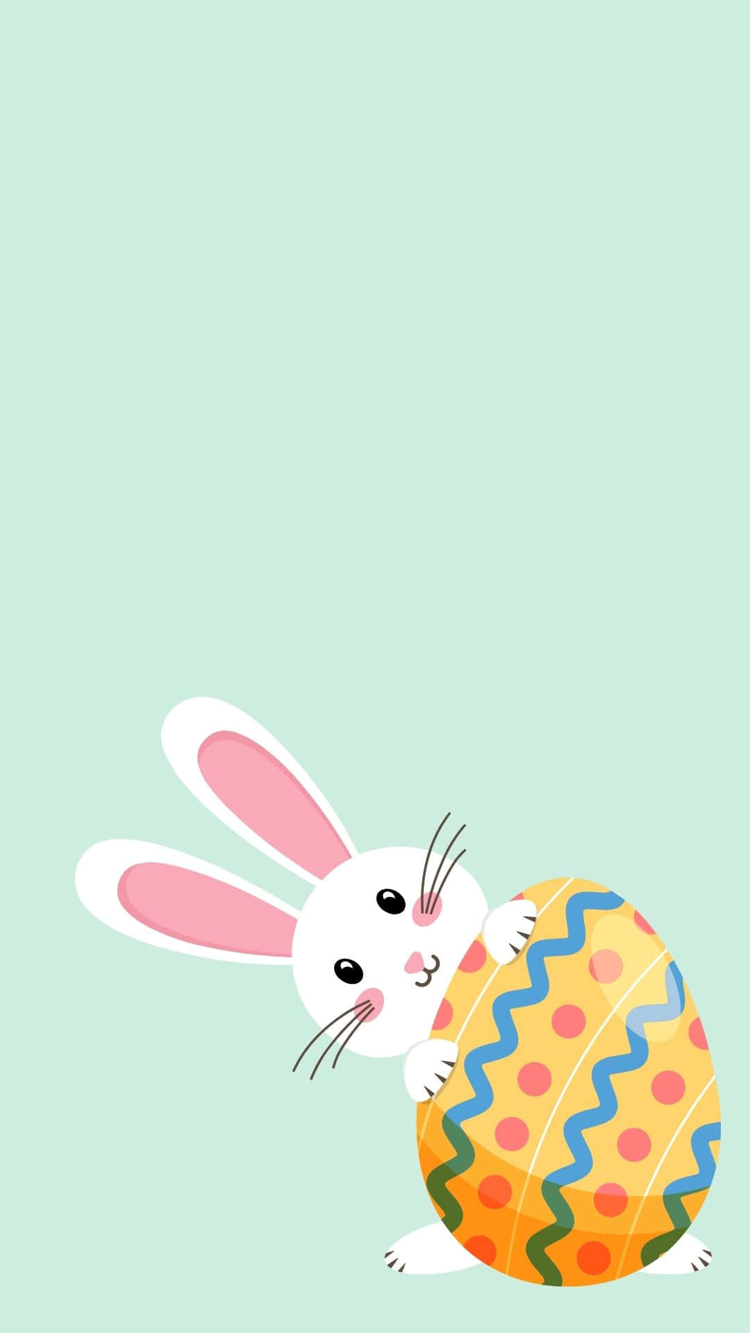 Easter Bunny 桌布 壁紙 — 一隻可愛的白兔，粉紅色的耳朵，抱著一個色彩繽紛的復活節彩蛋，背景是柔和的薄荷綠色。
