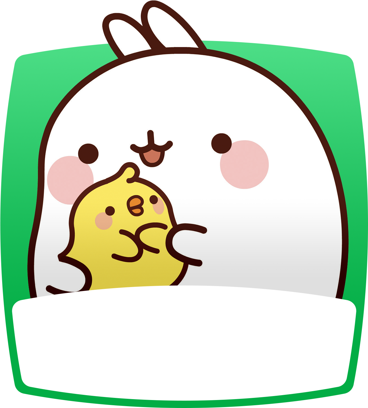 Molang 桌布 壁紙 — 一隻可愛的白兔，粉紅色的臉頰，在綠色圓形框架內抱著一隻小黃雞。