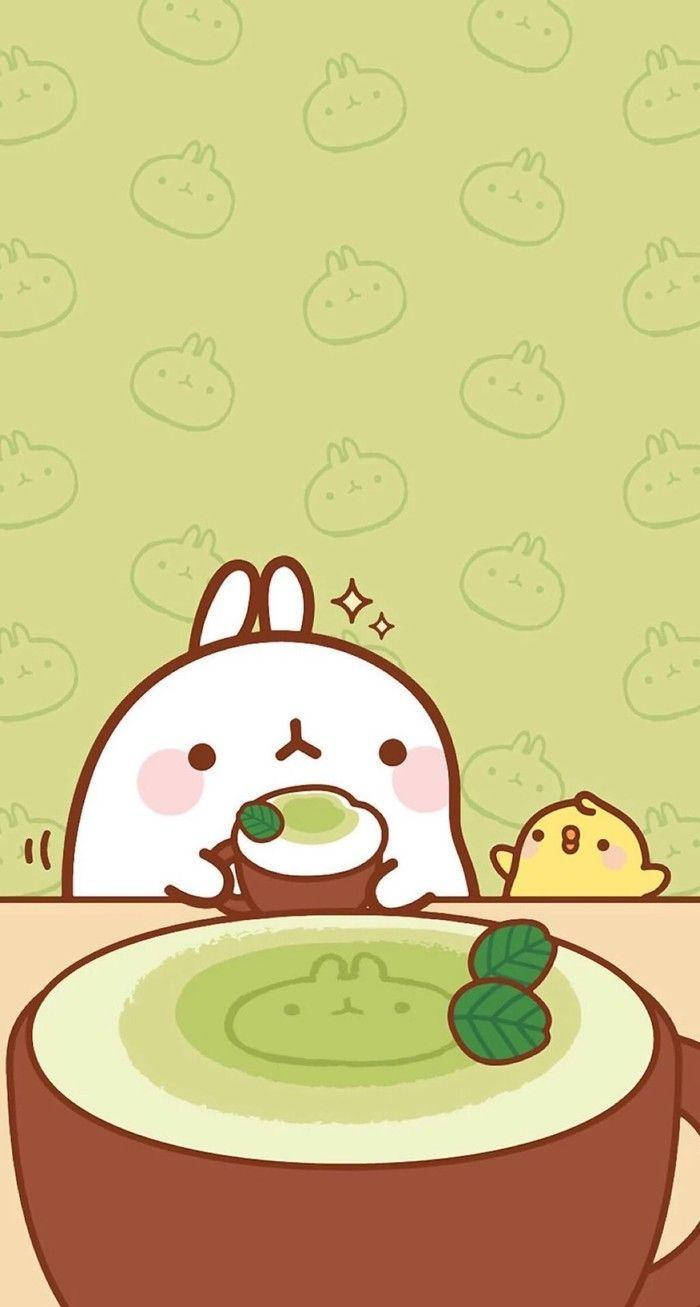 Molang 桌布 壁紙 — 一隻可愛的白兔，粉紅色的臉頰，正在喝抹茶，一隻小黃雞從巨型杯子後面偷看。