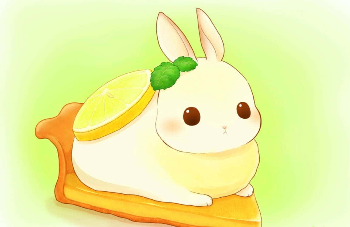 Kawaii Bunny 桌布 壁紙 — 一隻可愛的白兔，背上放著一片檸檬和一片薄荷葉，坐在木托盤上，背景是柔和的綠色。