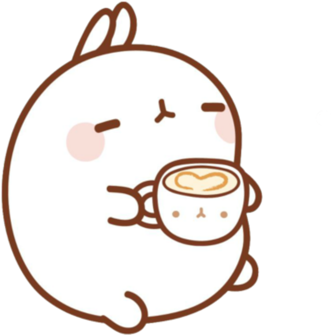 Molang 桌布 壁紙 — 一隻可愛的白兔，臉頰紅潤，以極簡卡通風格啜飲一杯有心形拉花藝術的咖啡。