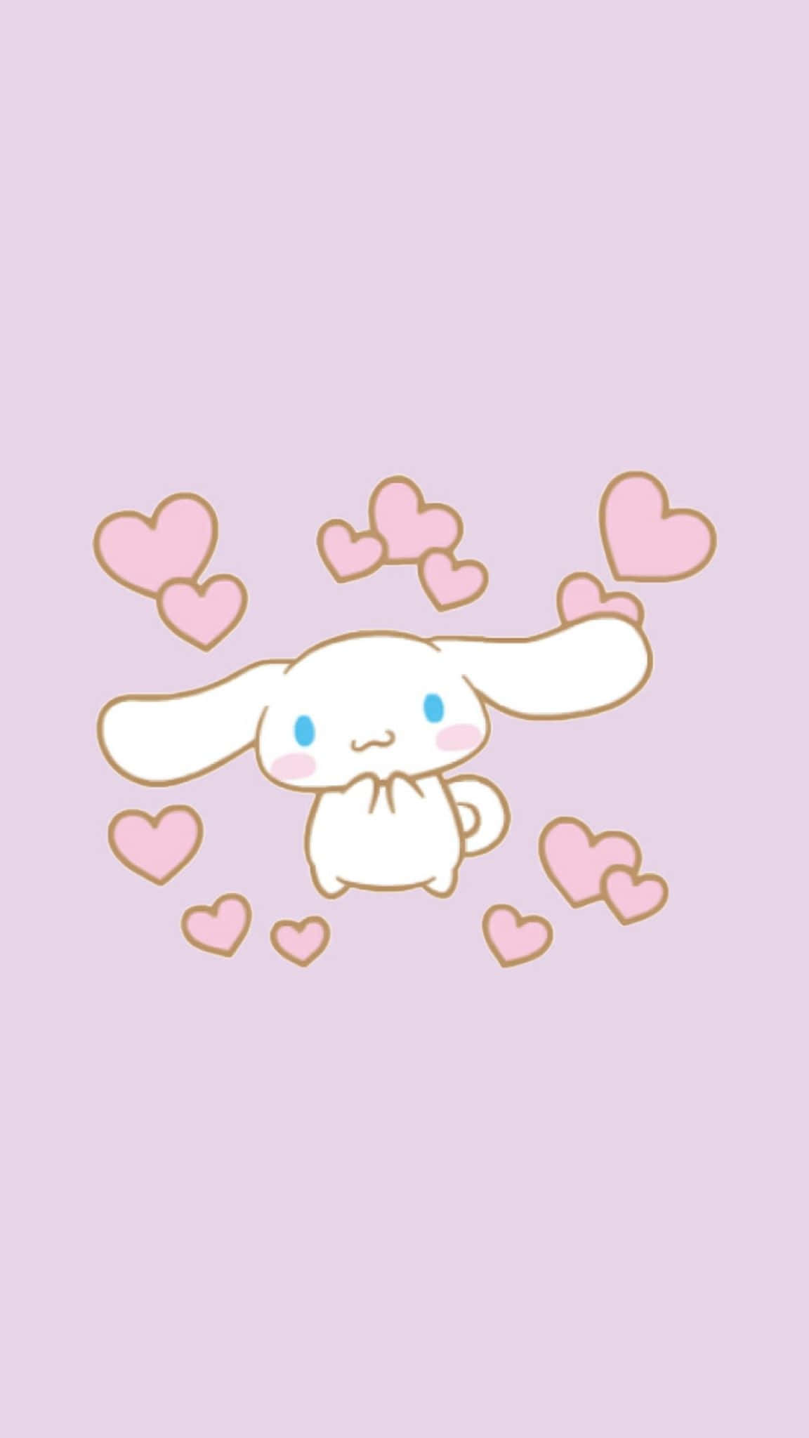 Cinnamoroll Sanrio 桌布 壁紙 — 一隻可愛的白兔，藍色眼睛和粉紅色臉頰，被漂浮的粉紅色心形環繞，背景是柔和的薰衣草色。