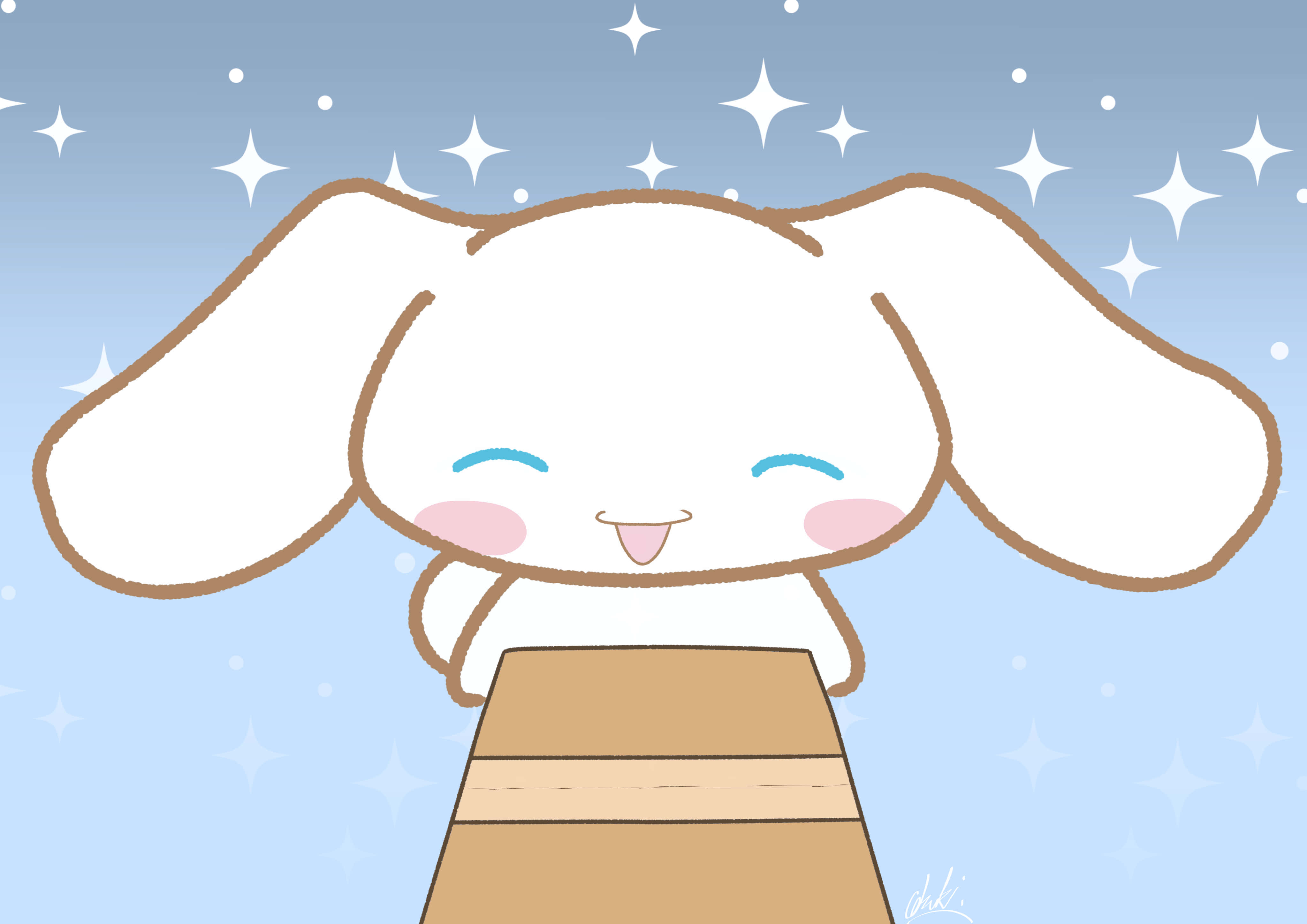 桌布 壁紙 — 一隻可愛的白兔，長著大耳朵，在繁星點點的藍天背景下快樂地微笑。