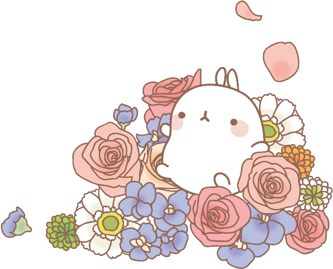 Molang 桌布 壁紙 — 一隻可愛的白兔依偎在粉紅玫瑰、藍色勿忘我和白色雛菊之間，花瓣飄浮。