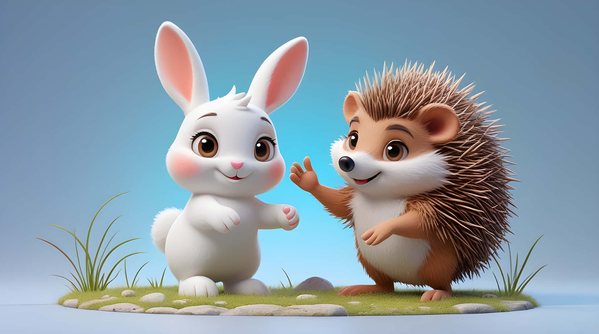 Beautiful animals cartoon wallpapers 壁紙 — 一隻可愛的白兔和一隻微笑的刺蝟站在一片有岩石和草葉的草地上，在柔和的藍天下。