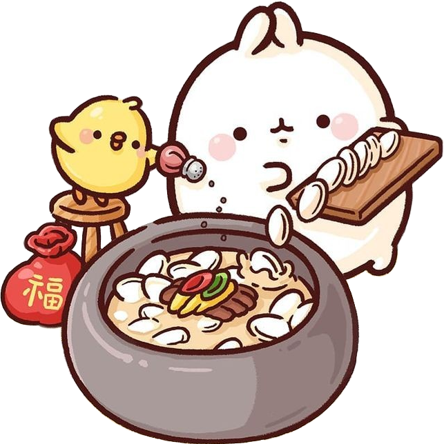 卡通 桌布 壁紙 — 一隻可愛的白兔和黃色小雞正在準備一鍋冒著熱氣的餃子，附近有一個喜慶的紅包袋。