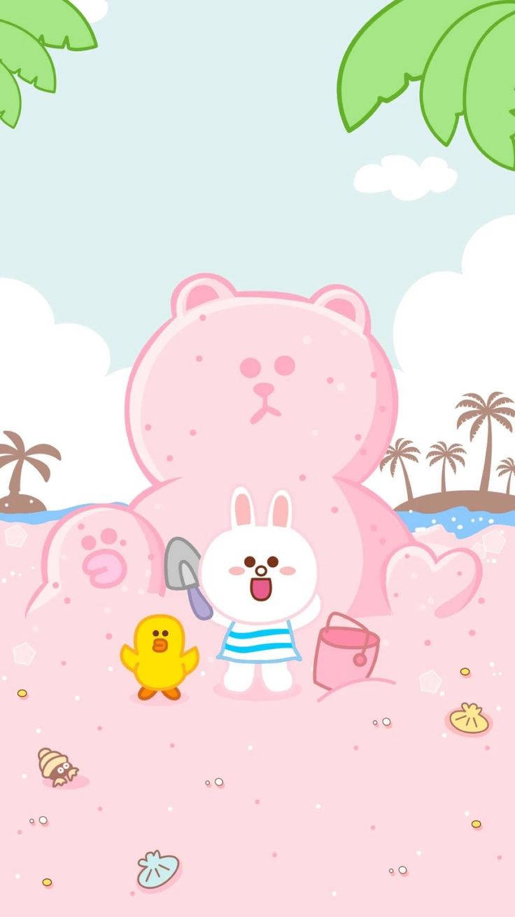 Line 桌布 壁紙 — 一隻可愛的白兔和黃鴨在淺藍色天空下，在海灘邊用一個巨大的粉紅色熊沙雕玩耍。