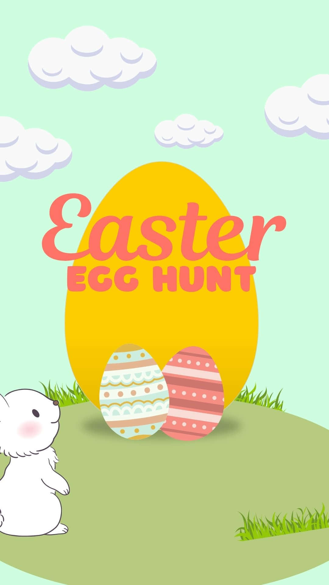 Eggs 桌布 壁紙 — 一隻可愛的白兔在一個有蓬鬆雲朵的粉彩天空下，在一個草地山坡上凝視著兩個有圖案的復活節彩蛋。