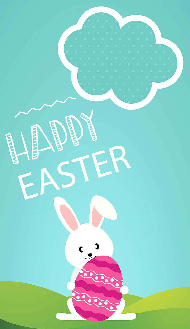 Cute Easter iPhone 桌布 壁紙 — 一隻可愛的白兔在對話框下拿著一個粉紅色圖案復活蛋，背景是藍綠色天空。