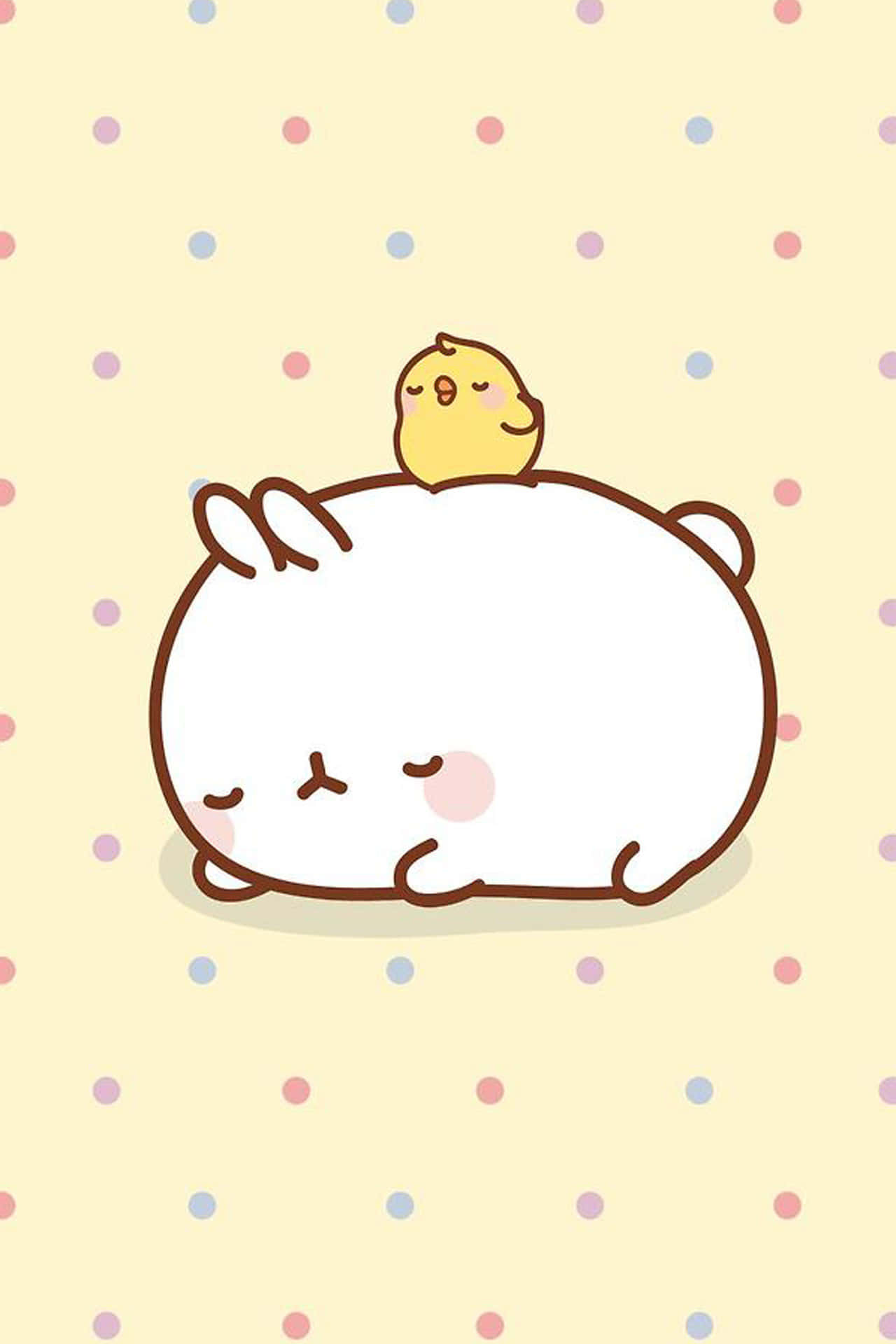 Molang 桌布 壁紙 — 一隻可愛的白兔在粉彩圓點背景上，頭頂著一隻小黃雞，安詳地睡著。