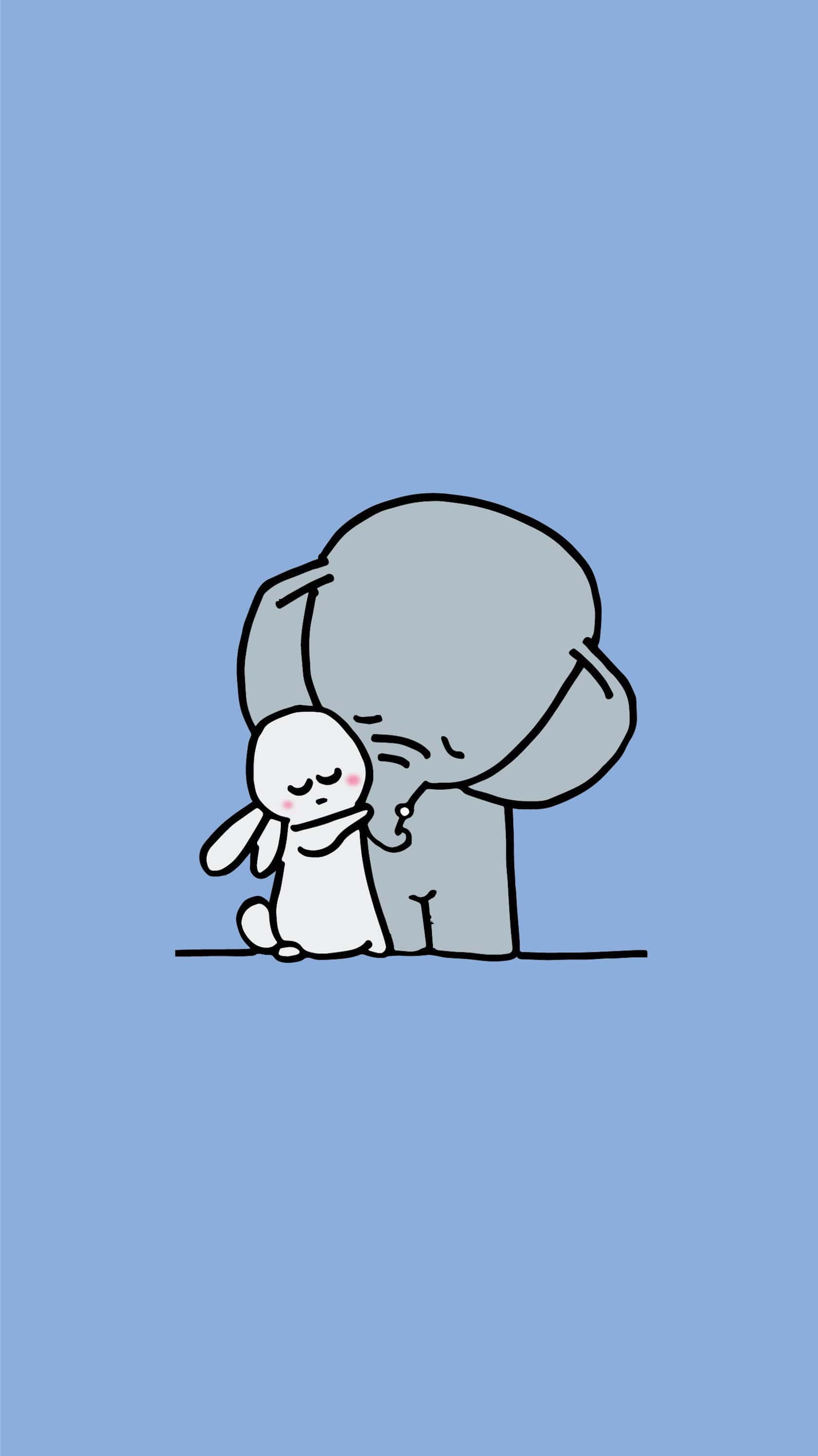 Kawaii Elephant 桌布 壁紙 — 一隻可愛的白兔在純藍色背景前擁抱一隻灰色的大象。