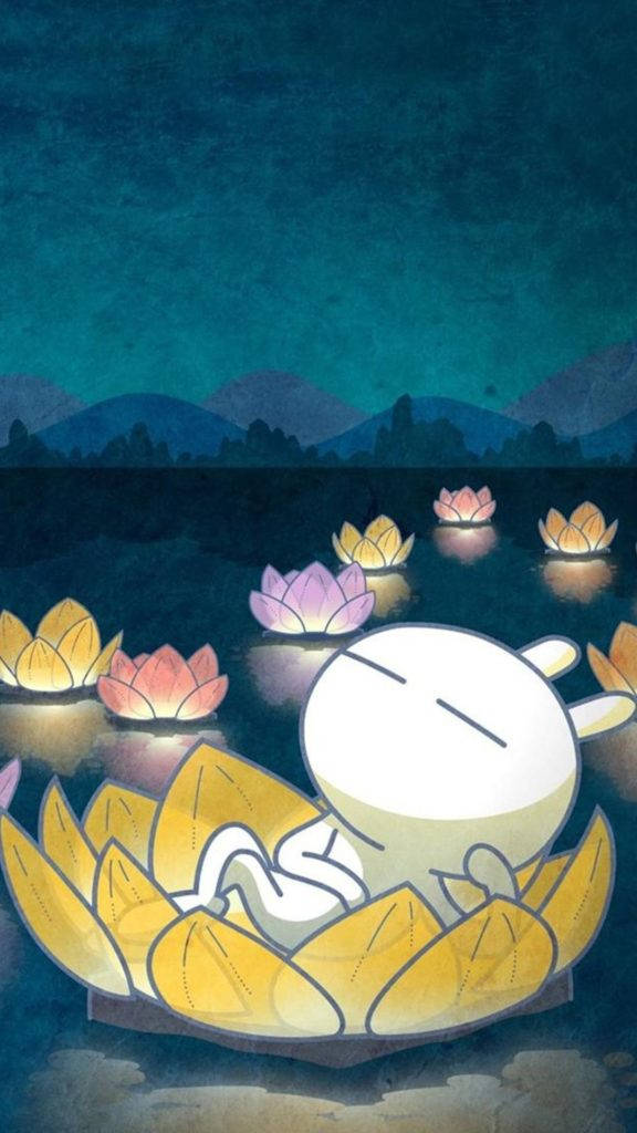 可愛的機器人 桌布 壁紙 — 一隻可愛的白兔在黑暗水面上發光的黃色蓮花內安睡，附近還有其他發光的蓮花漂浮。