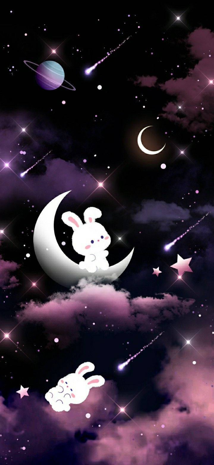 兔子 桌布 壁紙 — 一隻可愛的白兔坐在新月上，背景是繁星點點的紫色夜空，有行星和流星。
