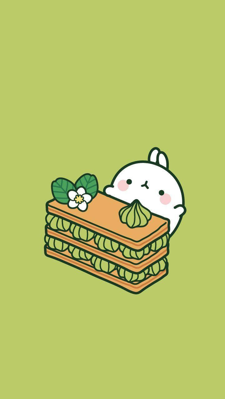 Molang 桌布 壁紙 — 一隻可愛的白兔從一個分層的綠色三明治後面探出頭來，三明治上有花和薄荷裝飾，背景是純橄欖綠色。