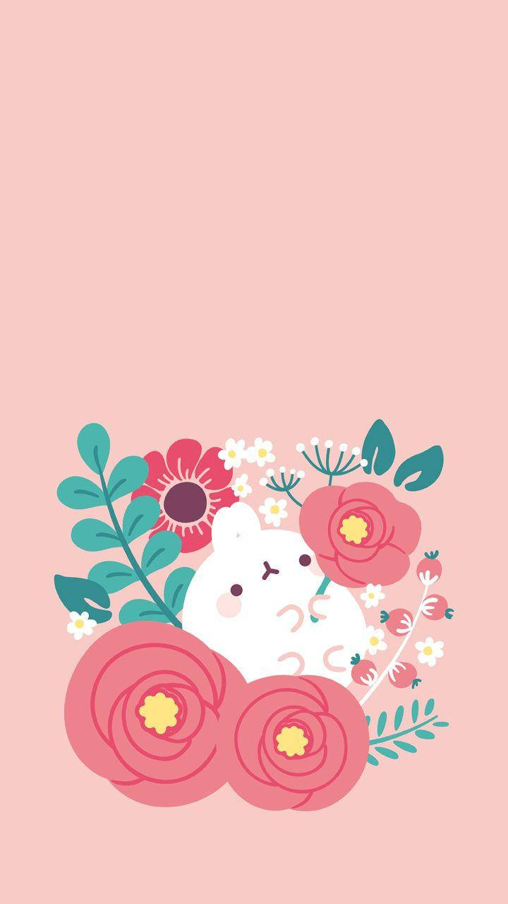Molang 桌布 壁紙 — 一隻可愛的白兔從充滿活力的花卉佈置後面探出頭來，背景是柔和的粉紅色。