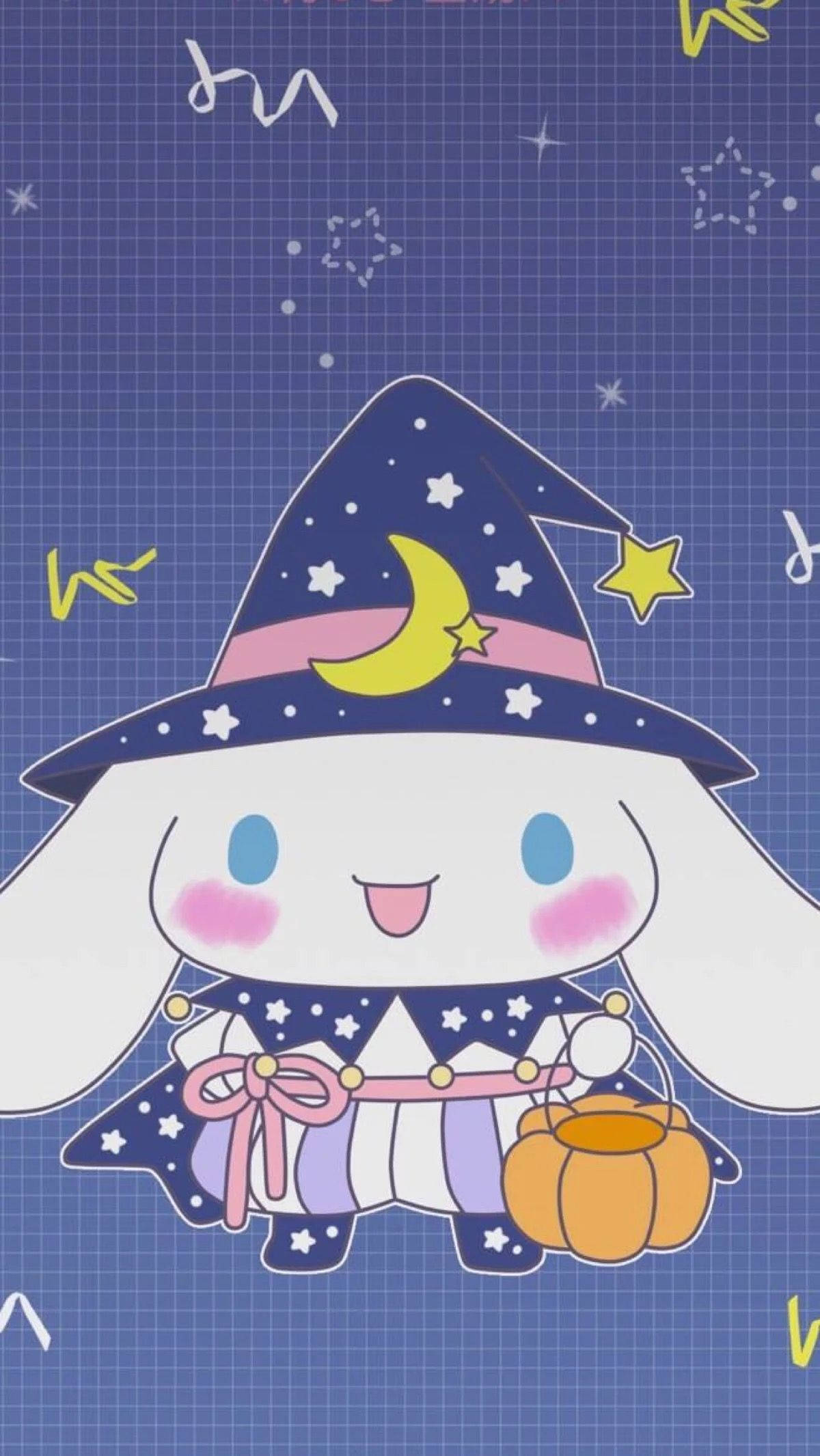 肉桂捲 桌布 壁紙 — 一隻可愛的白兔戴著星星巫師帽，拿著南瓜桶，背景是藍色網格，散落著星星和塗鴉。