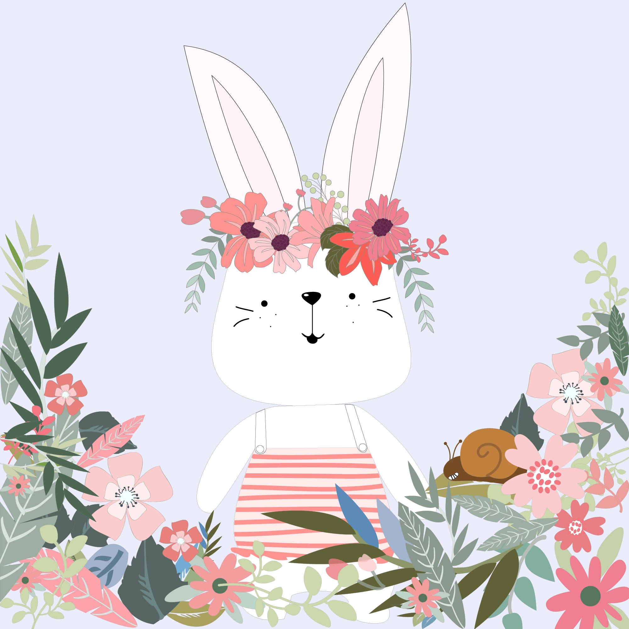 Cute Spring 桌布 壁紙 — 一隻可愛的白兔戴著粉紅色花冠和條紋吊帶褲，坐在茂密的綠植和盛開的花朵中。