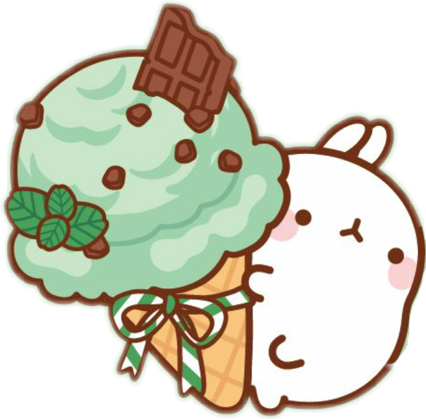 Molang 桌布 壁紙 — 一隻可愛的白兔抱著一個薄荷巧克力碎片冰淇淋甜筒，上面有巧克力棒和薄荷葉。
