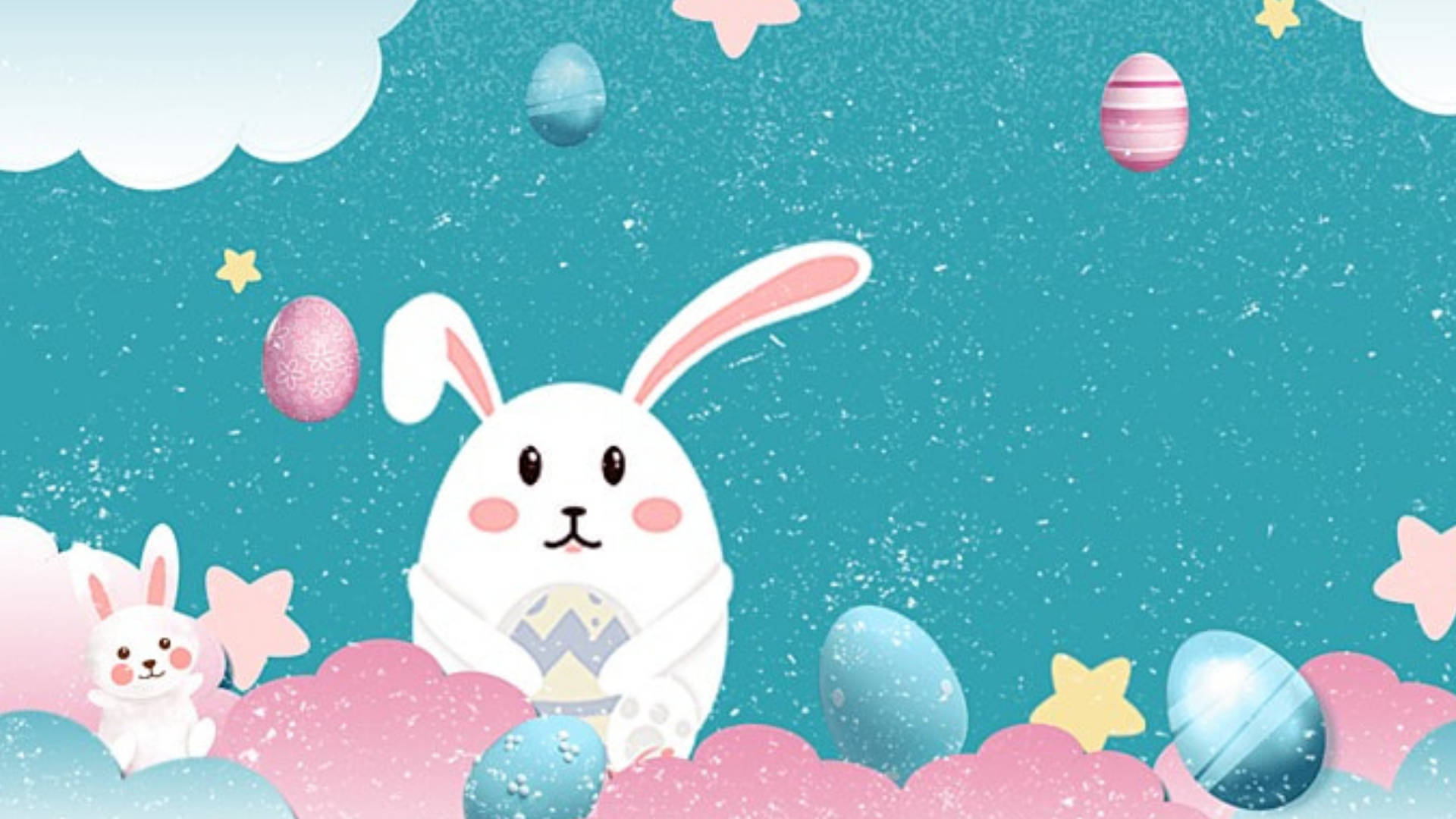 White Rabbit 桌布 壁紙 — 一隻可愛的白兔拿著一個有圖案的蛋，周圍漂浮著色彩繽紛的蛋和星星，背景是帶有粉紅雲朵的藍綠色天空。