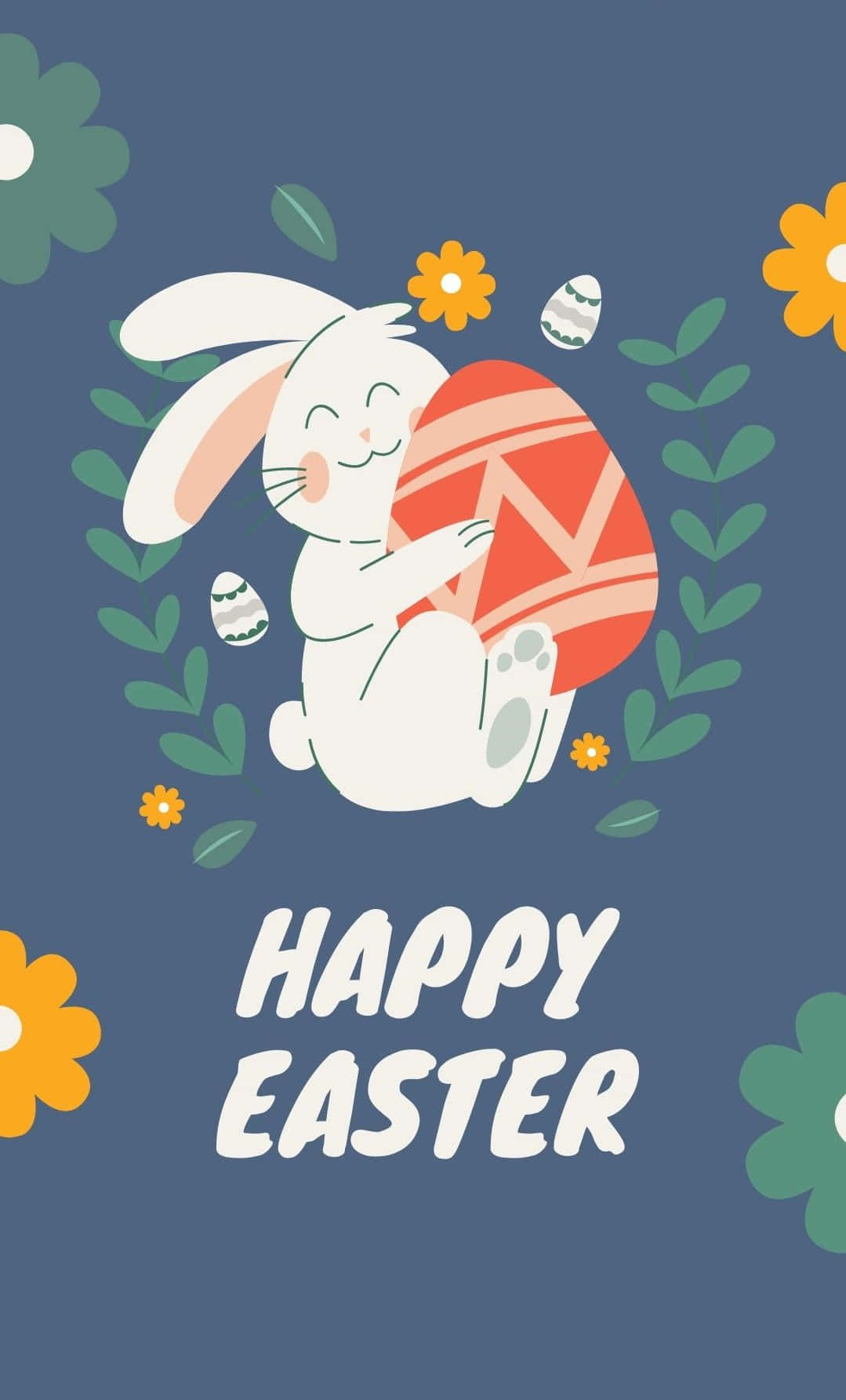 Cute Easter iPhone 桌布 壁紙 — 一隻可愛的白兔拿著一個紅色圖案的復活蛋，周圍有黃色花朵和綠色葉子，背景為藍色。