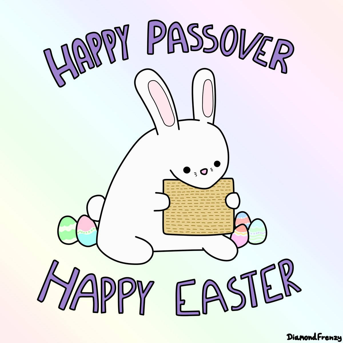 Passover 桌布 壁紙 — 一隻可愛的白兔拿著無酵餅，周圍是色彩繽紛的復活節彩蛋，背景是柔和漸變色。