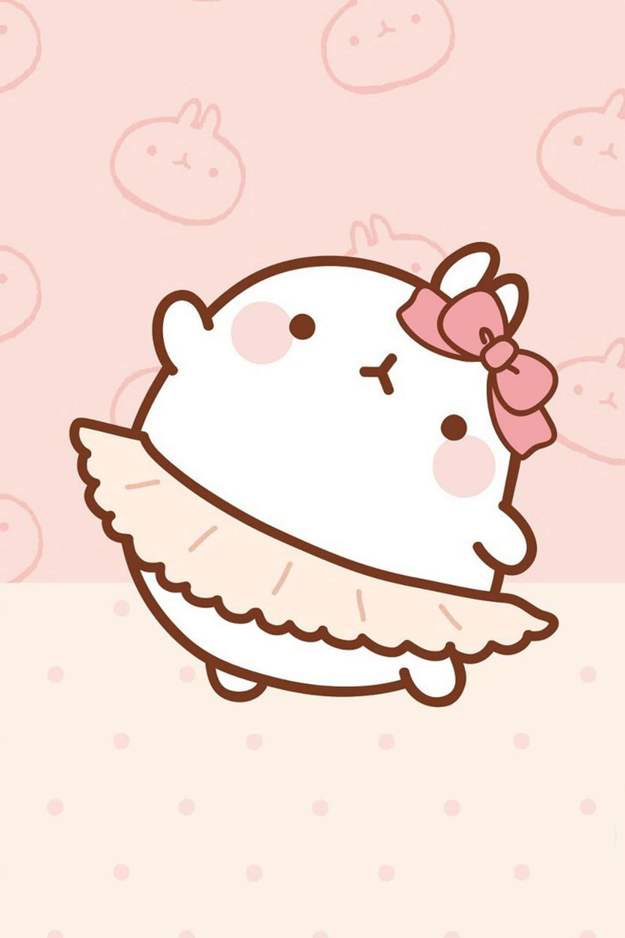 Cute Kawaii 桌布 壁紙 — 一隻可愛的白兔穿著粉紅色芭蕾舞裙和蝴蝶結，在帶有兔子輪廓的粉彩粉紅色背景上快樂地旋轉。