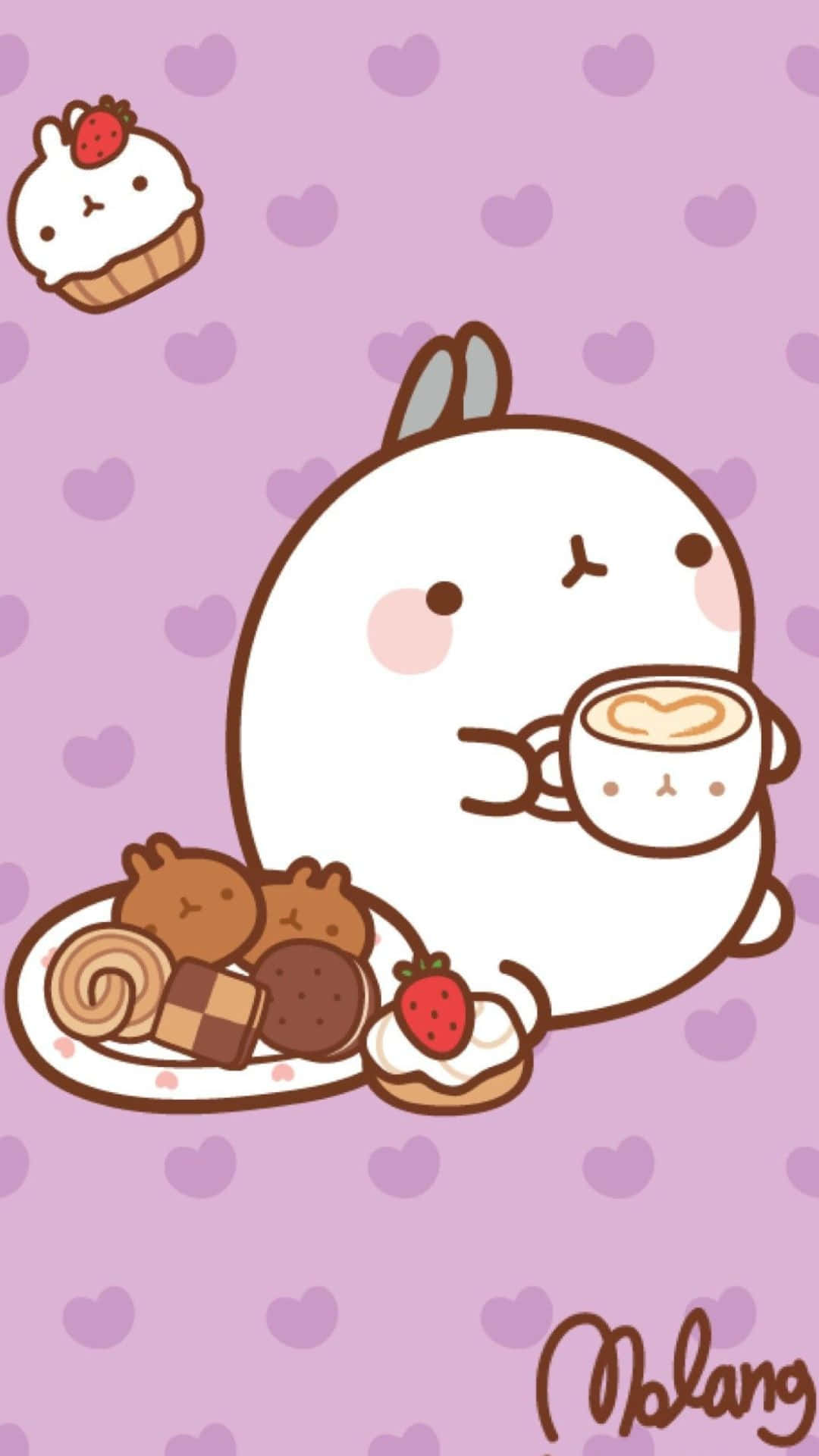 Kawaii Japanese Food 桌布 壁紙 — 一隻可愛的白兔角色在粉紅色愛心圖案背景旁，一邊喝咖啡，一邊吃著一盤糕點。