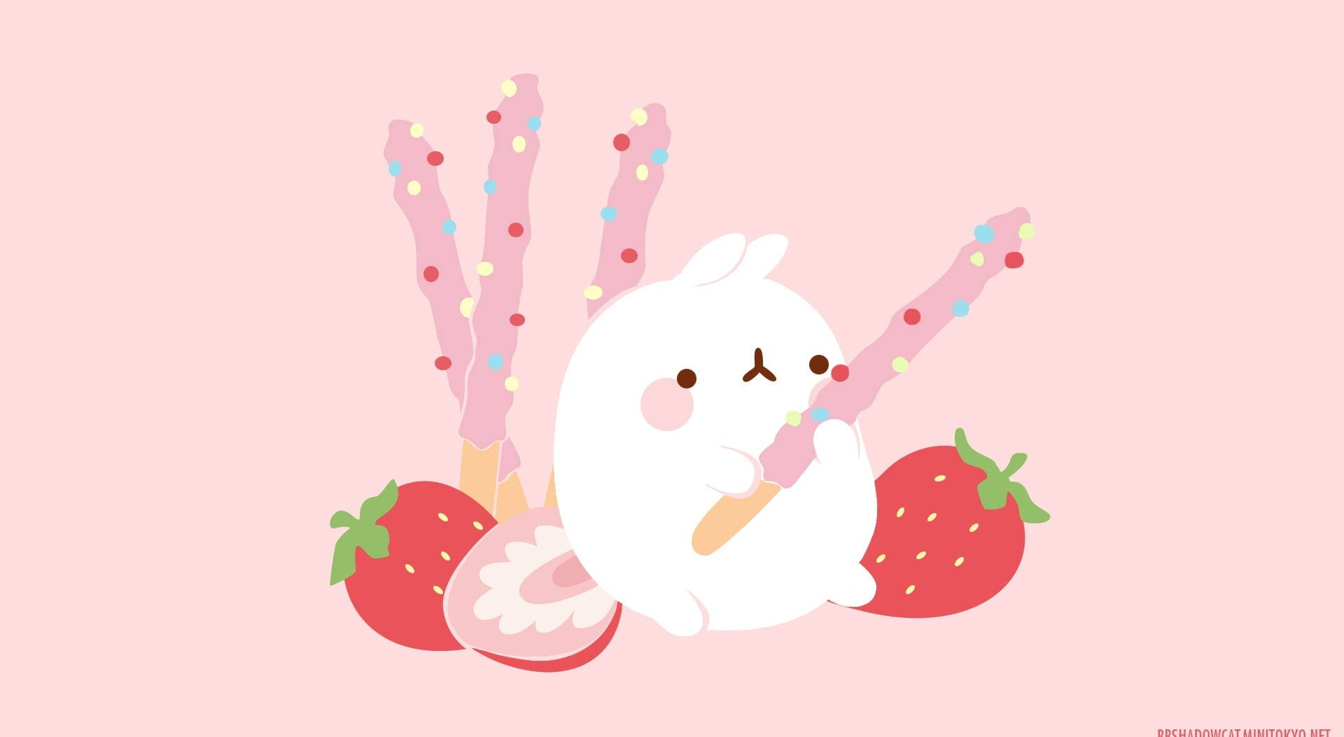 Cute Bunny 桌布 壁紙 — 一隻可愛的白兔開心地在柔軟的粉紅色背景上，拿著一支粉紅色糖粒冰淇淋棒，周圍有草莓。