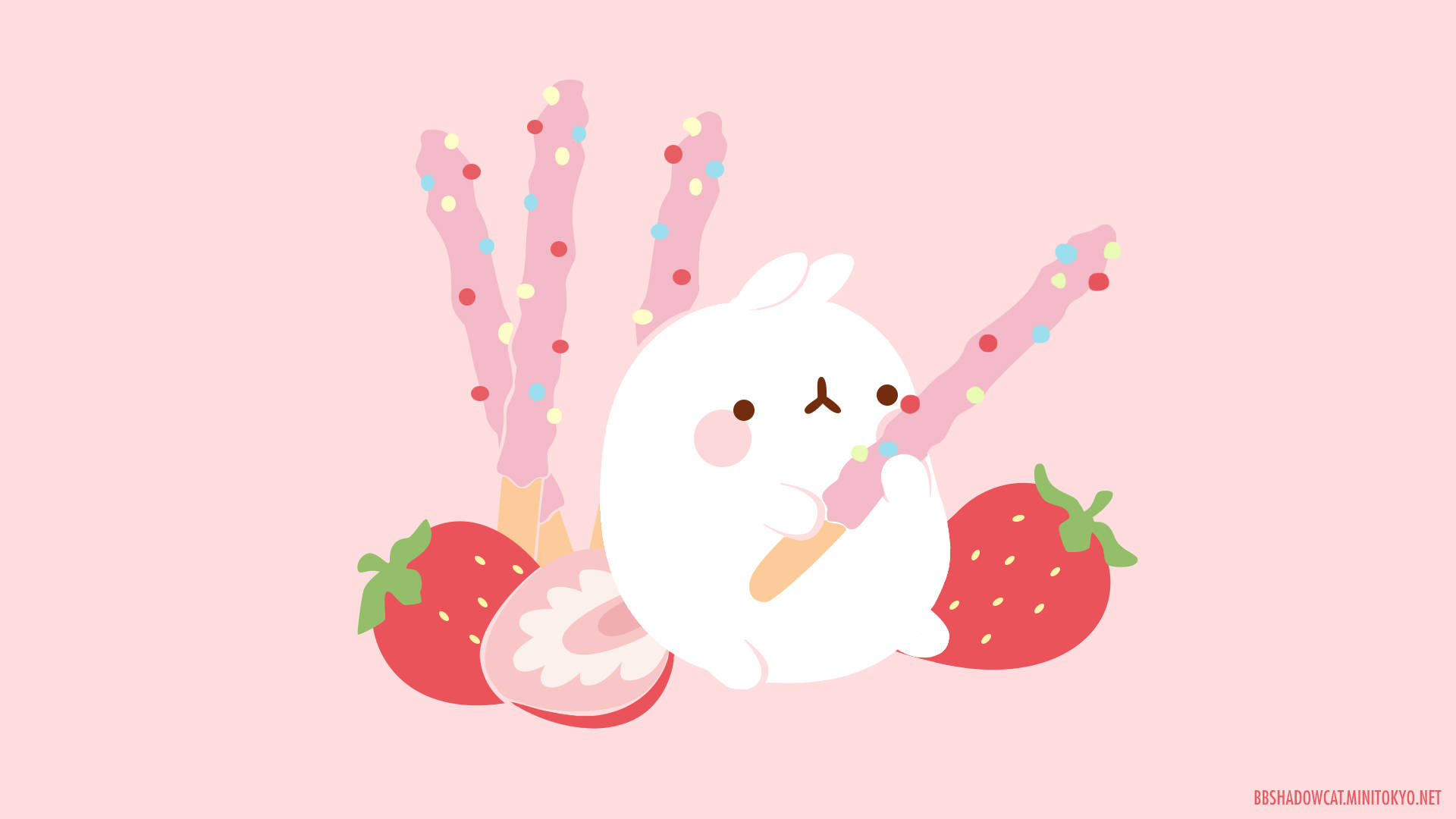 Molang 桌布 壁紙 — 一隻可愛的白兔開心地拿著一支粉紅色的彩針冰淇淋棒，周圍是新鮮的草莓，背景是柔和的粉紅色。