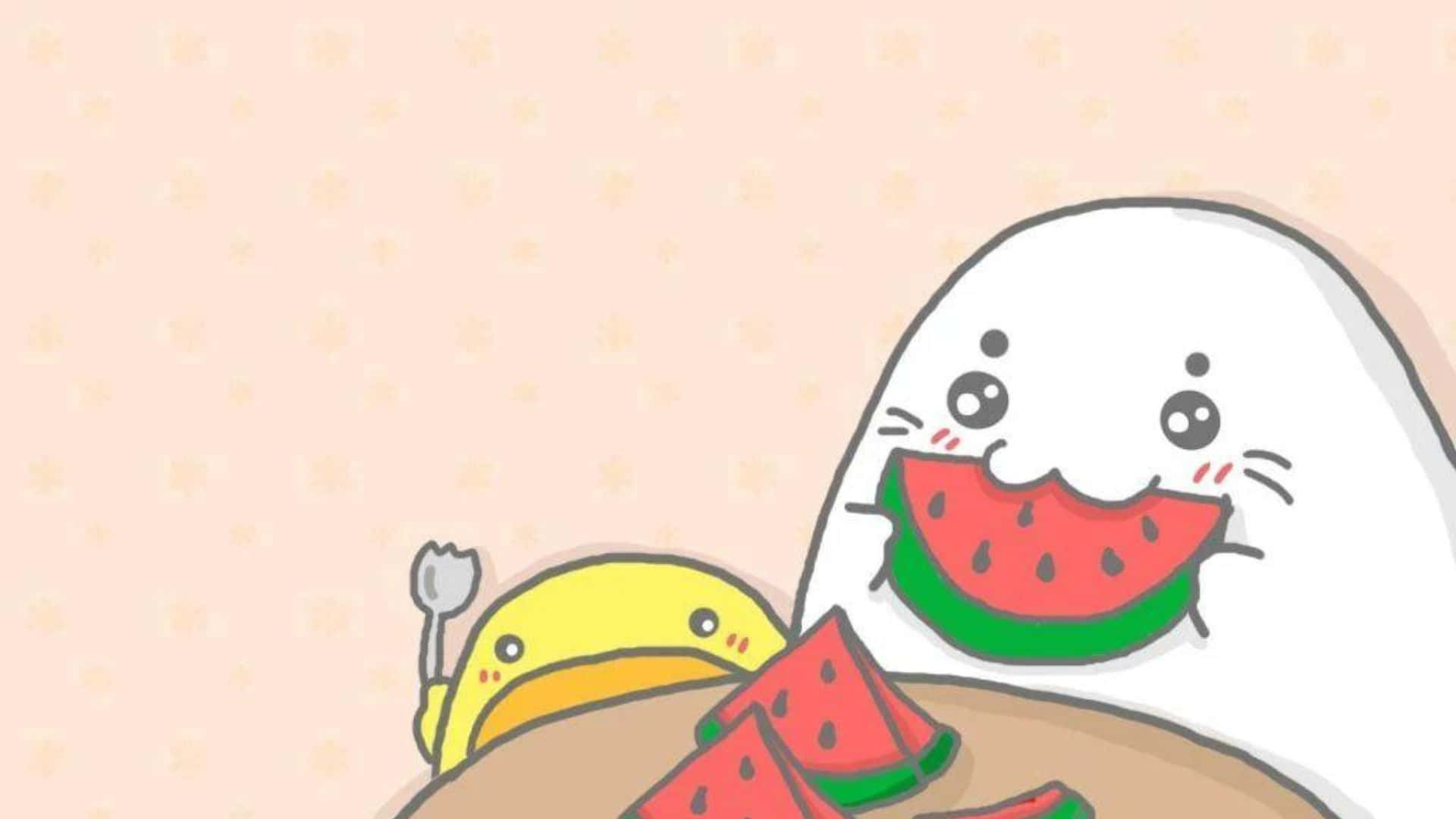 Cute Kawaii Japanese Characters 桌布 壁紙 — 一隻可愛的白幽靈和黃色鴨子在柔軟的粉紅色背景上，開心地吃西瓜片，背景還有星星圖案。