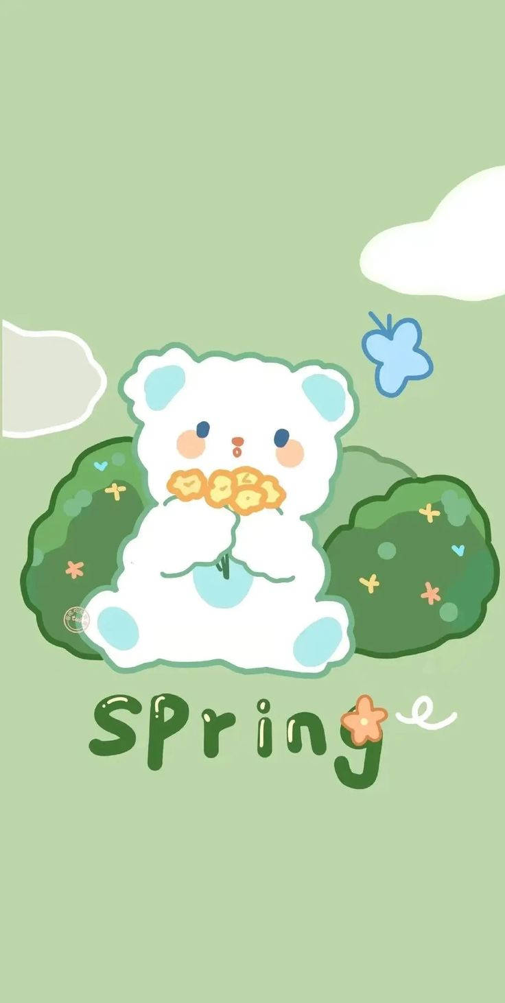 熊 桌布 壁紙 — 一隻可愛的白熊，藍色耳朵，在柔和的天空下，綠色灌木叢中拿著黃色花朵，還有一隻蝴蝶。