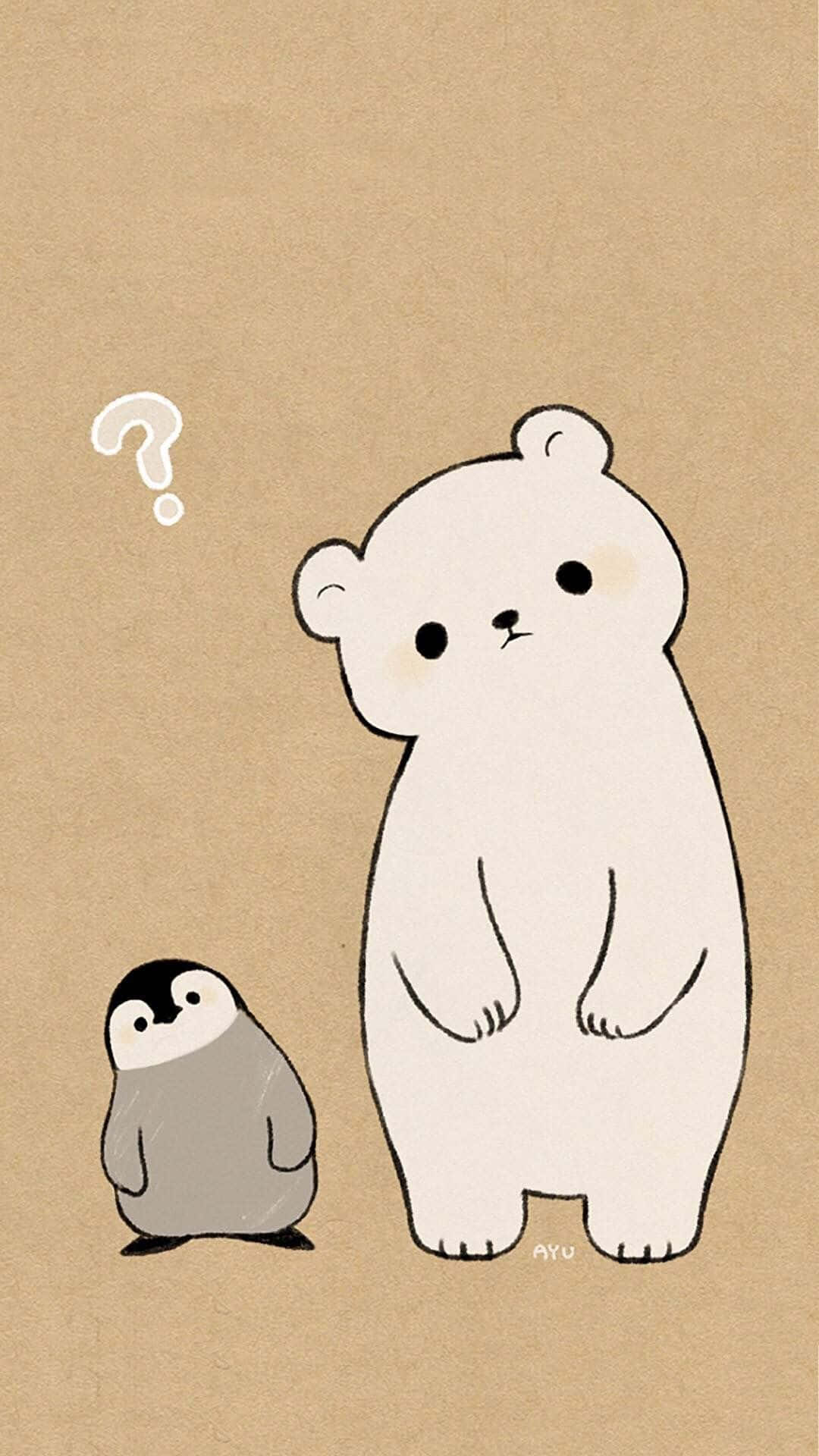 Cartoon Polar Bear 桌布 壁紙 — 一隻可愛的白熊和一隻小企鵝一起站在棕色紙上，熊的頭上漂浮著一個問號。