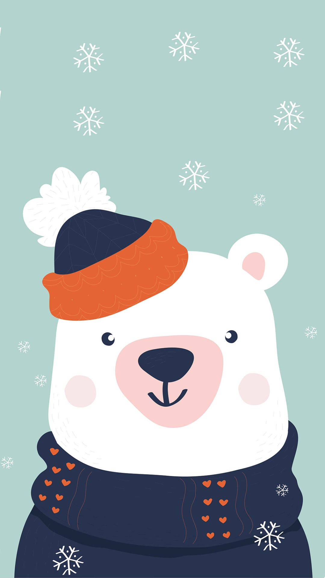 Kawaii Christmas 桌布 壁紙 — 一隻可愛的白熊戴著藍色帽子，帽沿有橙色飾邊，圍著一條有紅色心形圖案的深色圍巾，在淺藍色背景上微笑，背景有飄落的雪花。